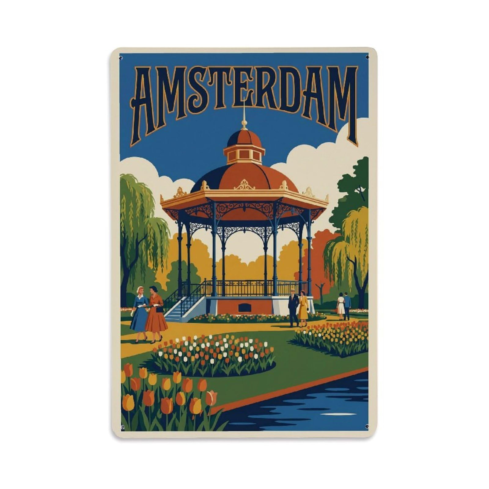 Okngb Style Pavilion Garden Amsterdam Dutch Retro Country Route Metal Tin Sign Plaque Wall Decor For Cafe, Man Cave, Club Bar, Office, Home Garden Round Metal Poster 8X12inch