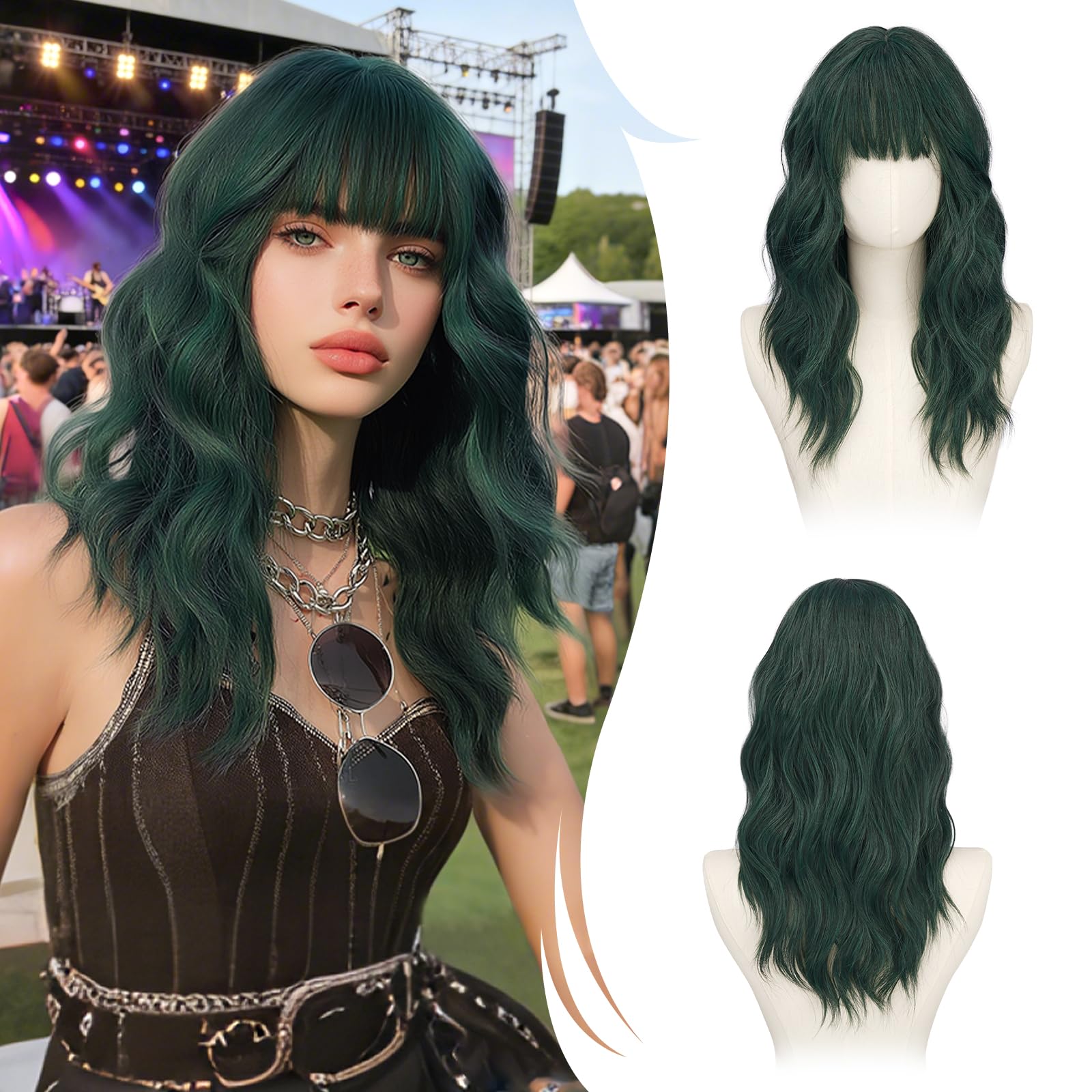 RUWISS Peluca Verde Apagado Ondulada con Flequillo para Mujer, 50 cm Shoulderlongitud Peluca de pelo Sintético en Capas Pelucas con Volumen Natural para Diario y Fiesta