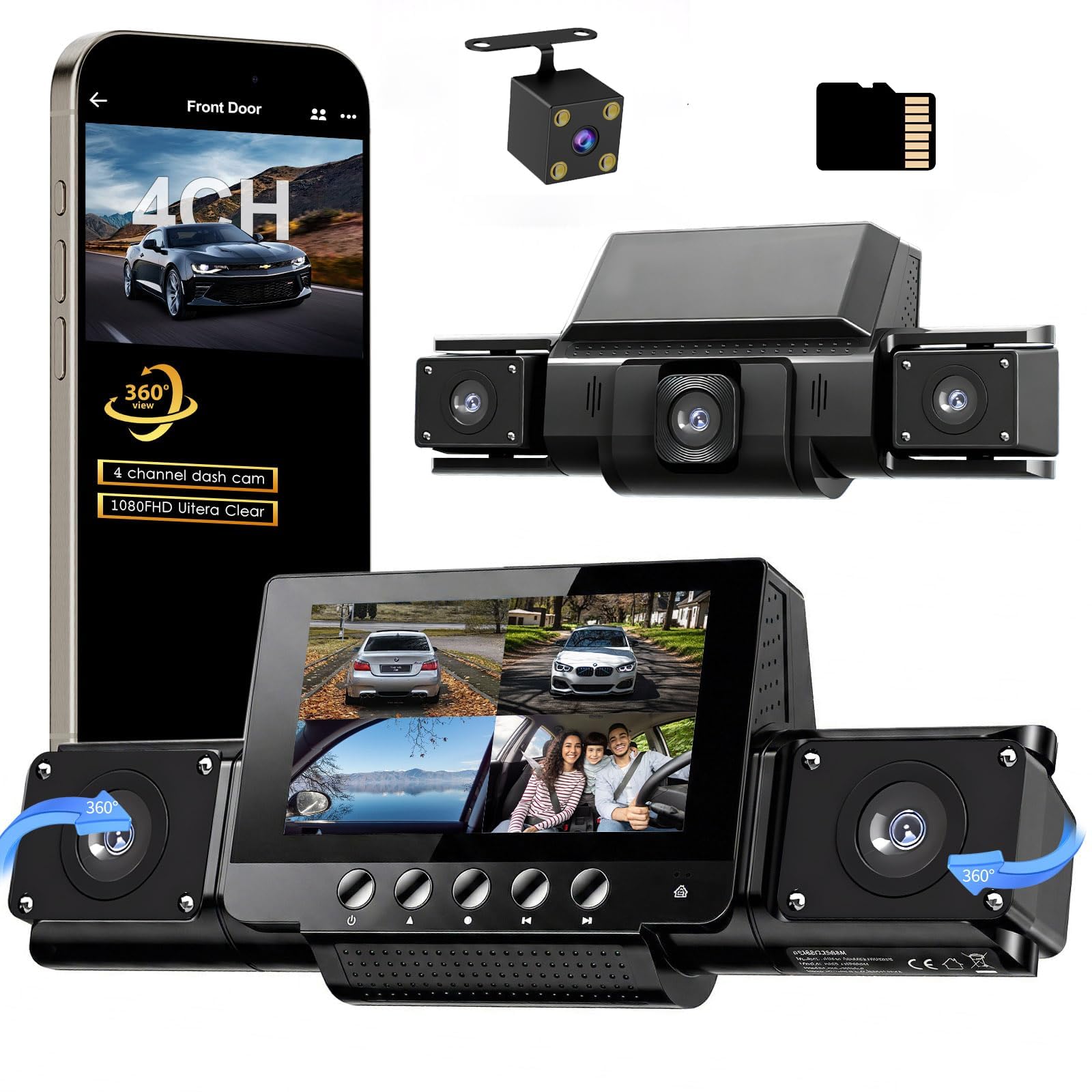 4 Channel Dash Cam Front and Rear with 360° View for All-Round Protection, 4-Way Recording, Built-in 5G WiFi &amp; GPS, APP Control, 8 IR LEDs, 24H Parking Monitor, G-Sensor, Free TF Card (4CH(32GB))