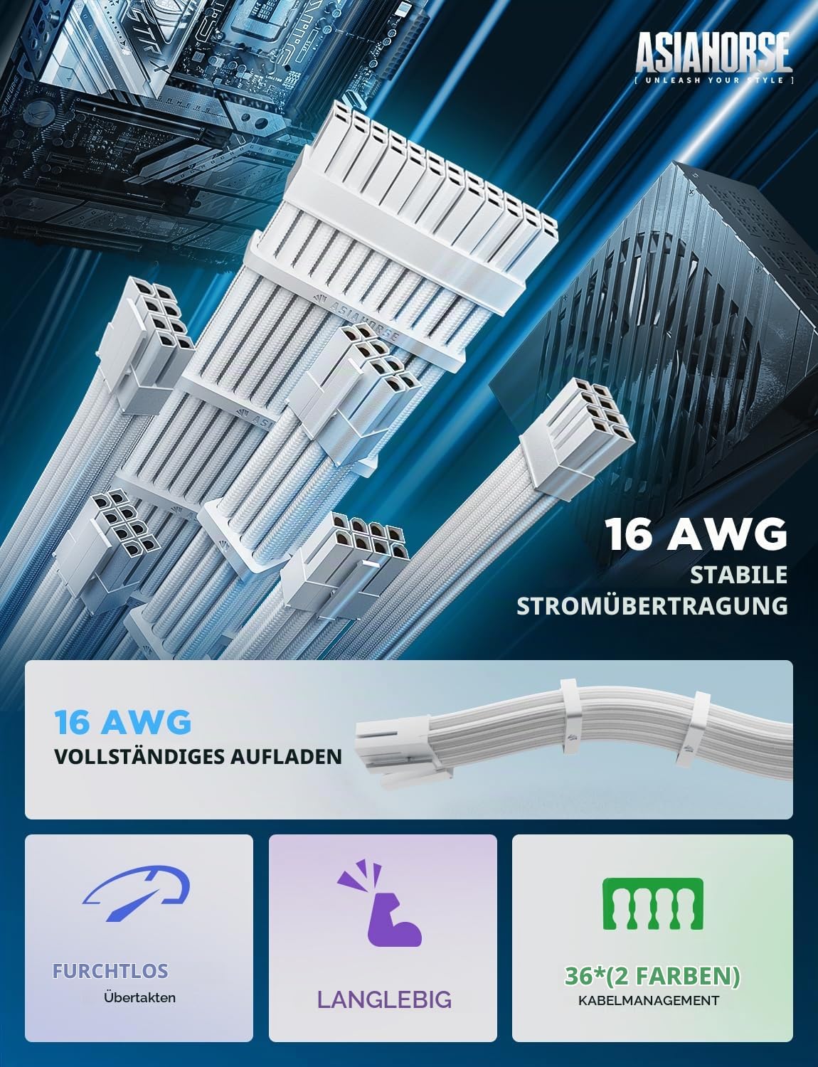 AsiaHorse Aktualisierung 16AWG PC-Netzteil Verlängerungskabel, Sleeved Cable Kit für PC/GPU/CPU, PSU Kabelverlängerung, Extensions Kabel mit Kabelkämmen,24PIN/(6+2) PIN/(4+4) PIN, 30CM, Snow Weiß