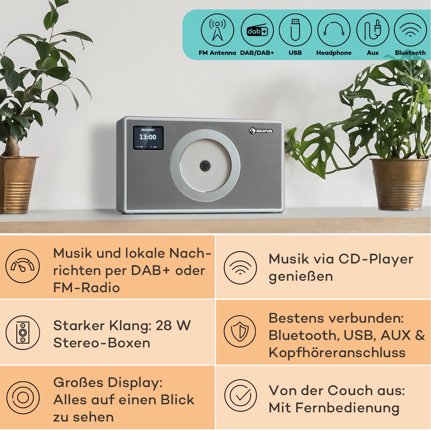 Auna Radio für Küche & Bad, DAB Radio mit CD Player zur Wandmontage, DAB Plus mit Bluetooth, DAB/DAB+/FM, LCD Display, MP3, Streaming, Digitalradio Klein, mit Wecker & Fernbedienung