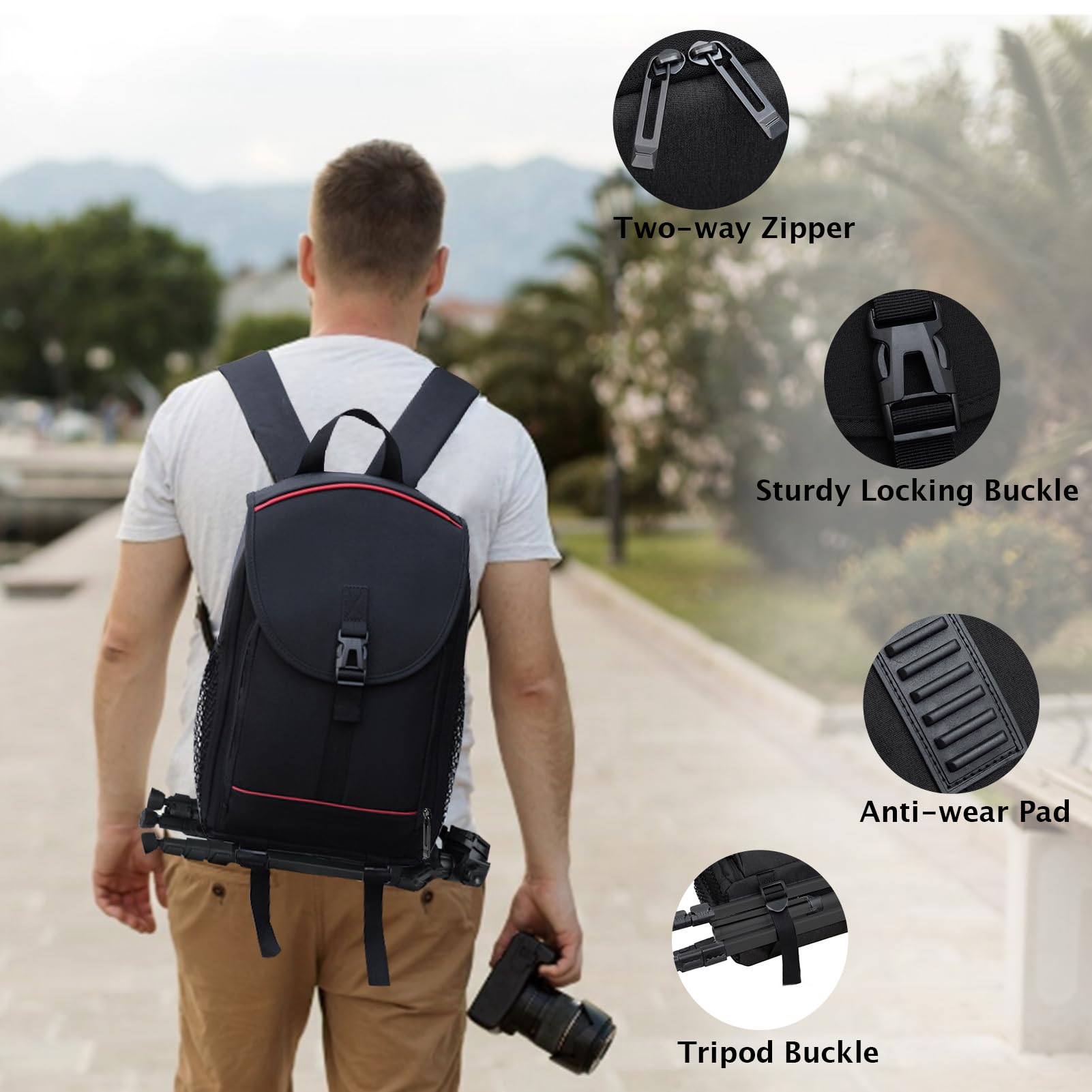 Kamerarucksack Klein, Fotorucksack für DSLR, SLR, Spiegelreflexkamera und spiegellose Kamera, Kamera Rucksack 35 x 25 x 18 cm mit schwarzer Regenhülle, Stativriemen unten, Schwarz
