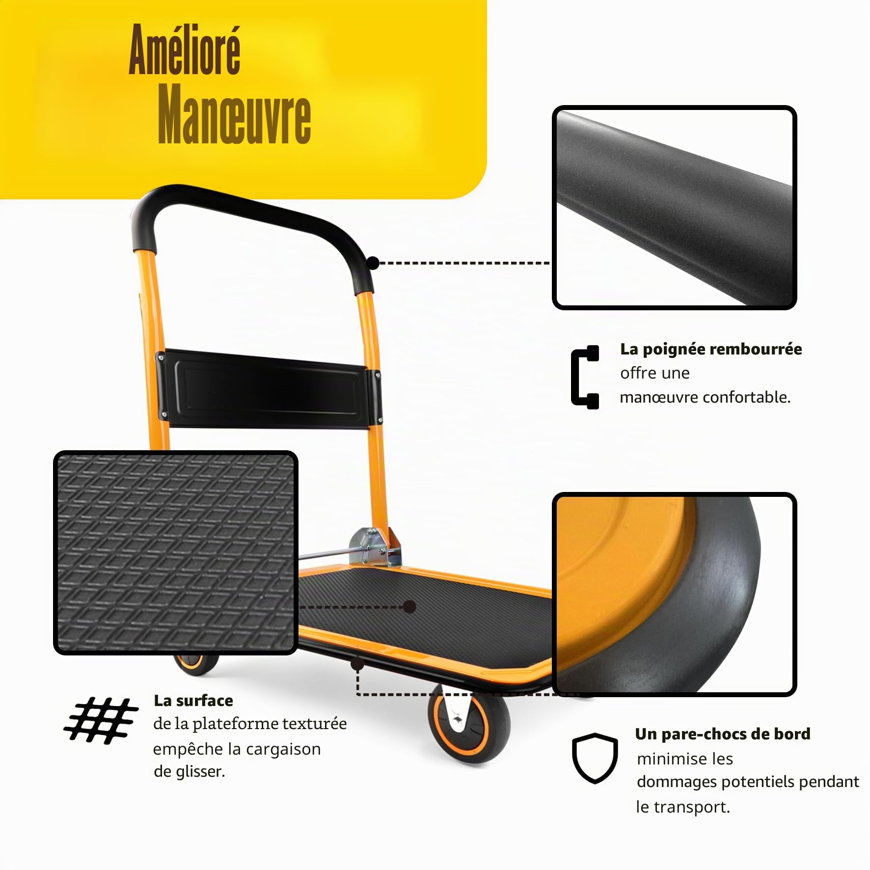 MaxWorks 80876 Chariot à plateforme pliable pour camion, capacité 158,7 kg, noir et jaune : 73 x 47,6 x 83,8 cm