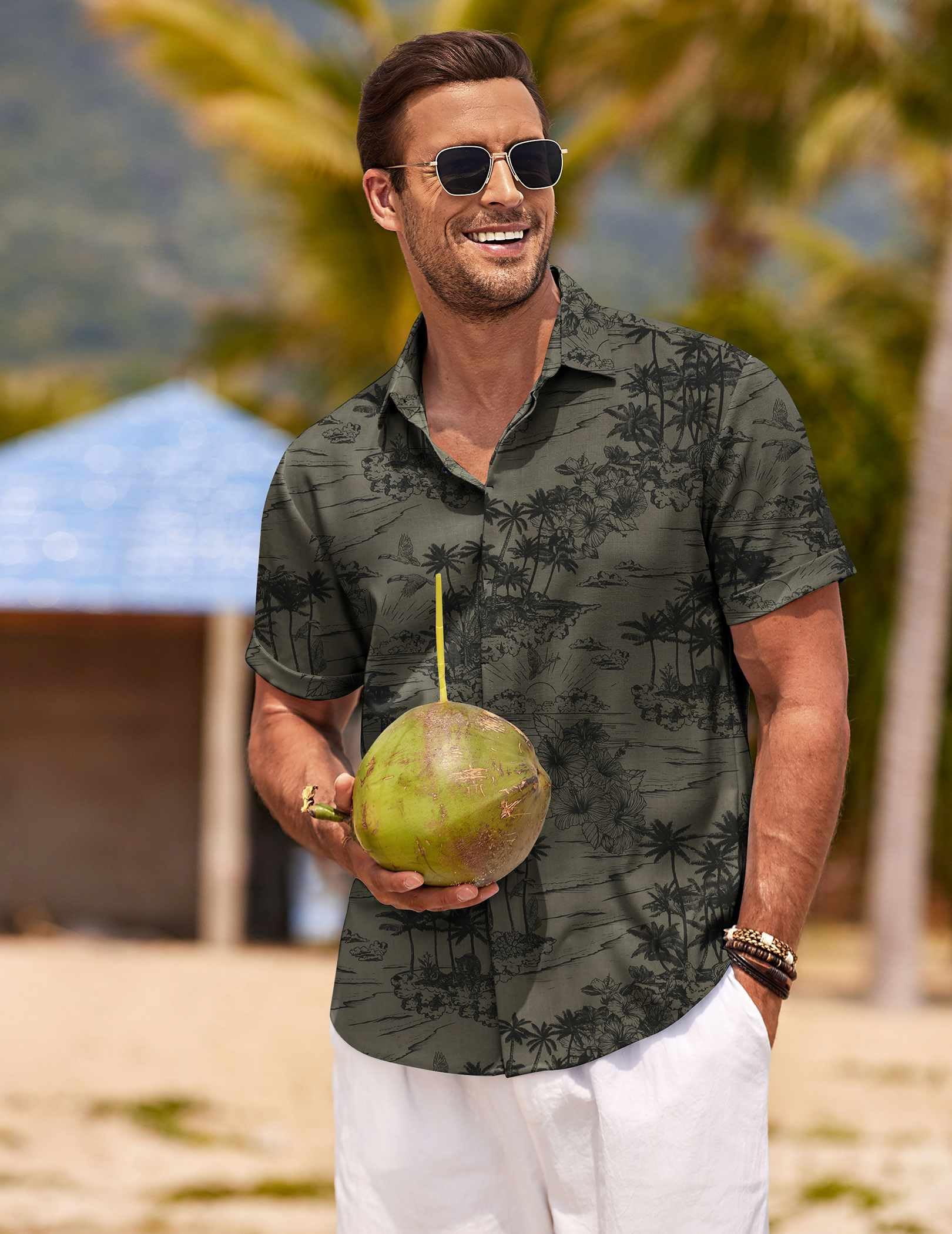 Coofandy Camicie da Uomo in Lino a Maniche Corte, Casual, con Bottoni, per Spiaggia, Estate, Matrimonio