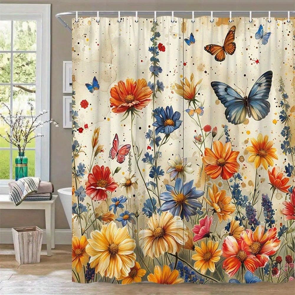 Duschvorhang mit Schmetterlingsmotiv, farbenfrohes Gartenblumen-Naturdesign, Hänge-Duschvorhang-Set für Badewanne (300 x 180 cm / 118 x 71 Zoll (B x H))