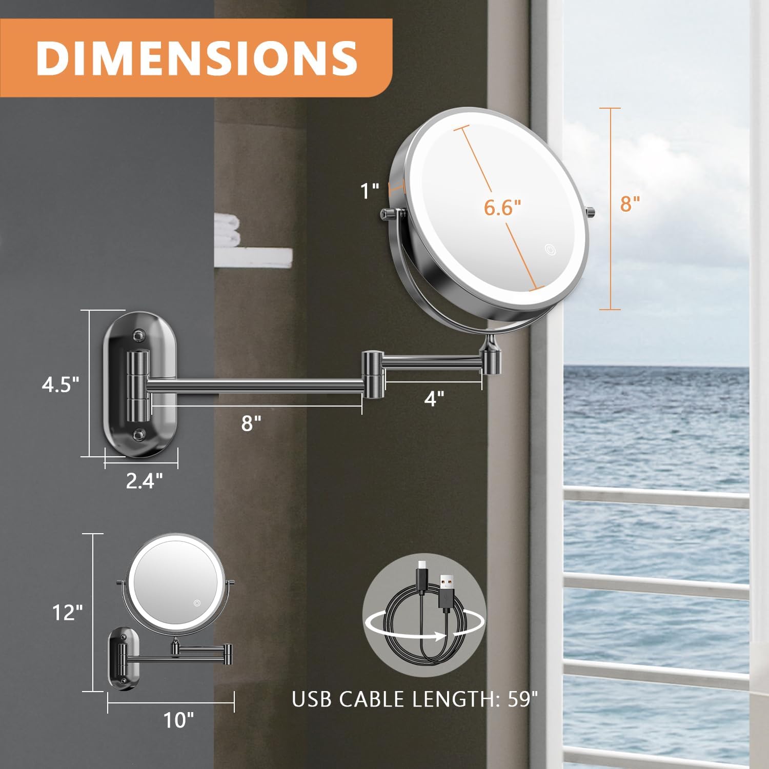 Diagram showing the dimensions of the Auxmir wall mounted mirror