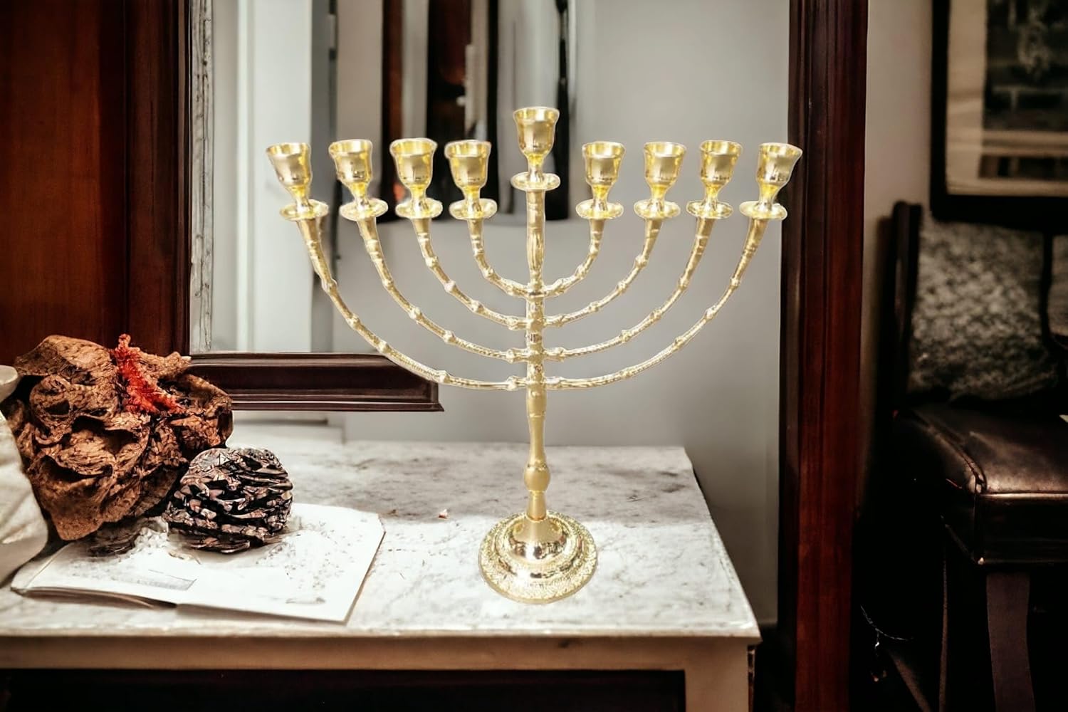 Premium 9-Branch Copper Hanukkah Menorah | Fits Candles & Oil Cups | Elegant Gold Finish | Large Judaica Hanukkiah | 16" Tall