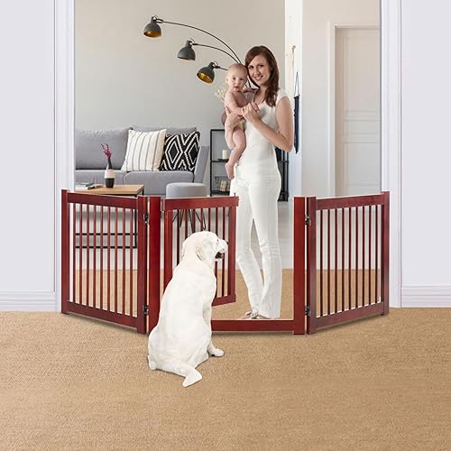 Kinpaw Puerta para perros de 3 paneles con puerta, perrera de madera independiente de 360 grados, puerta plegable para mascotas con 2 pies de