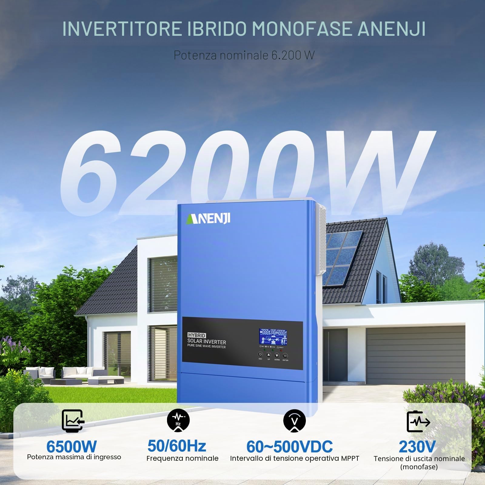 6200W Inverter Ibrido 48V Inverter Fotovoltaico a Onda Sinusoidale Pura, MPPT da 120A Tensione di Ingresso Fotovoltaica Massima di 500V, Adatto Per Batterie al litio da 48V, con Modulo WiFi