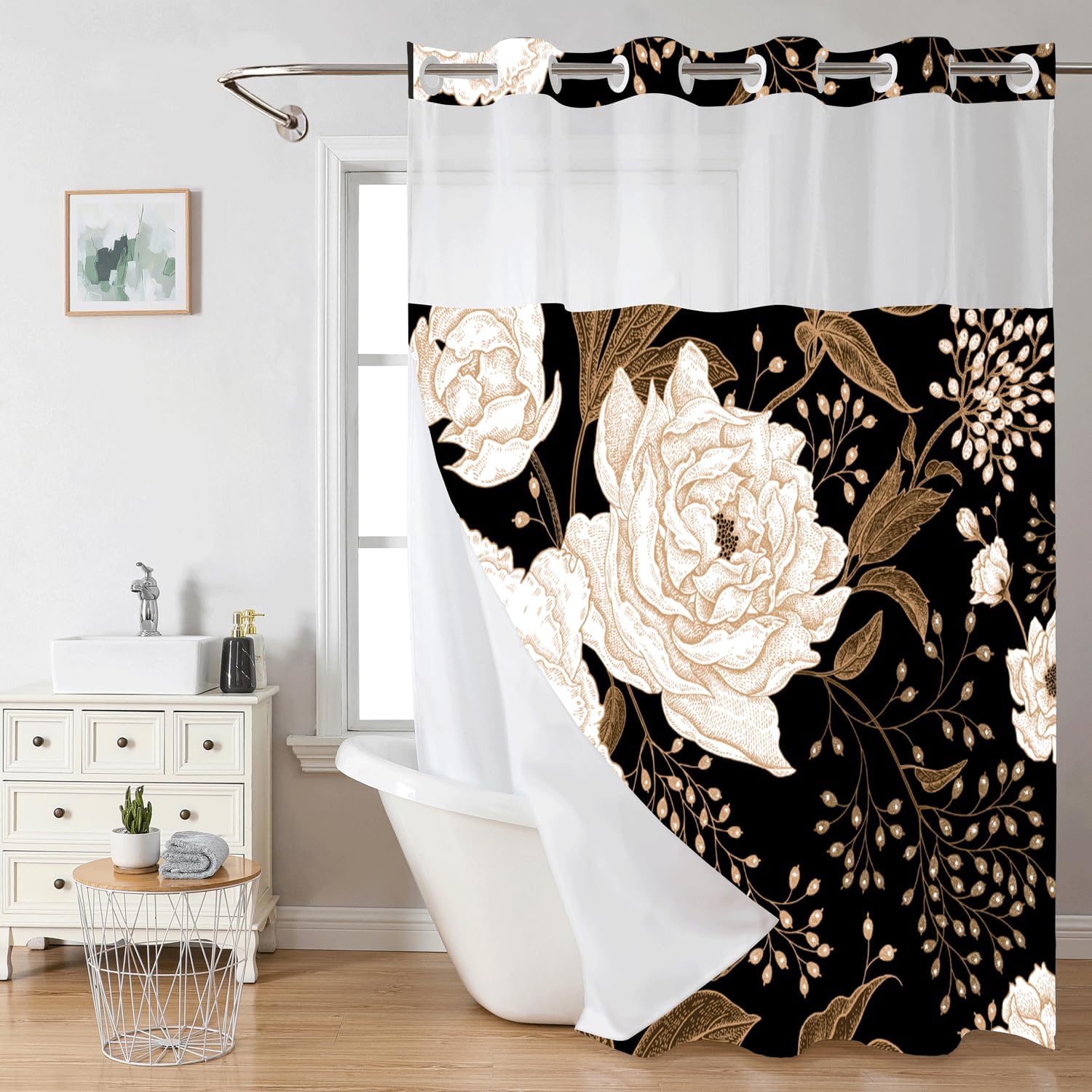 Floral Vintage No Hook Shower Curtain with Snap in Liner, Gold White Roses Flowers Leaves Shower Curtains, See Through Top Window Detachable Liner Black Fabric Shower Curtain, 71 x 74 Inch