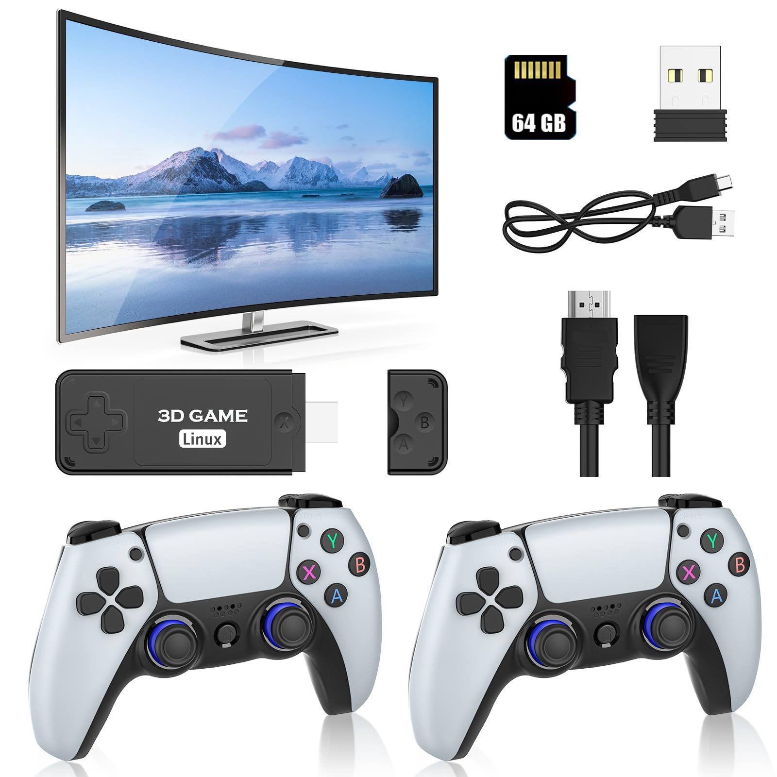 Retro Konsole Spielkonsole Plug and Play Game Stick mit 2 Gamepad, 10000+ Spielen, 26 Emulatoren, 4K HDMI Output, Englische Version, Drahtlose Videospielkonsole für TV Computer Projektor (64G)
