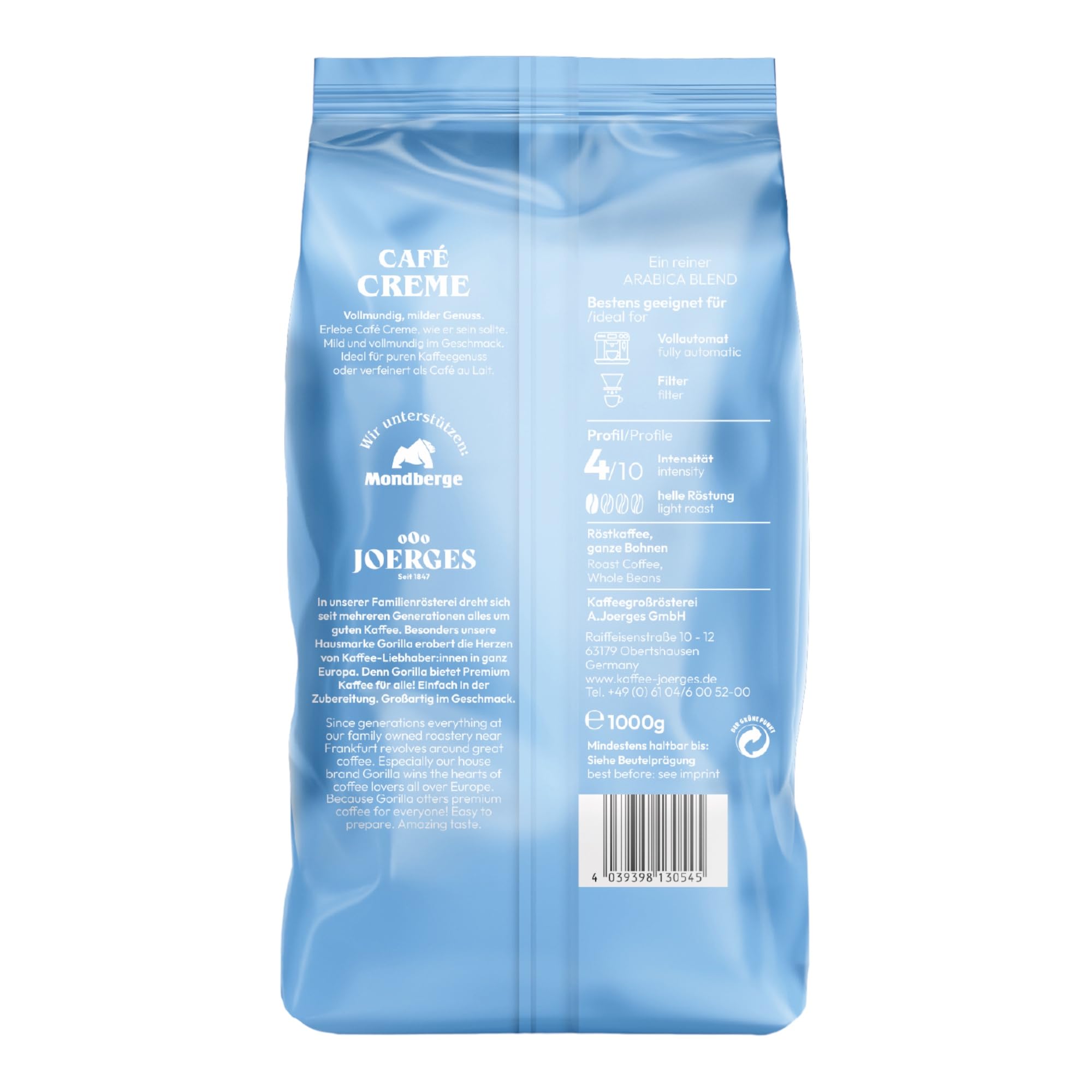 Joerges Gorilla Café Creme 6x 1000g | 100% traditionelle Arabica-Bohnen | Ideal Vollautomaten Crema harmonisches Aroma | geringer Koffeingehalt helle Röstung | Vorratspackung