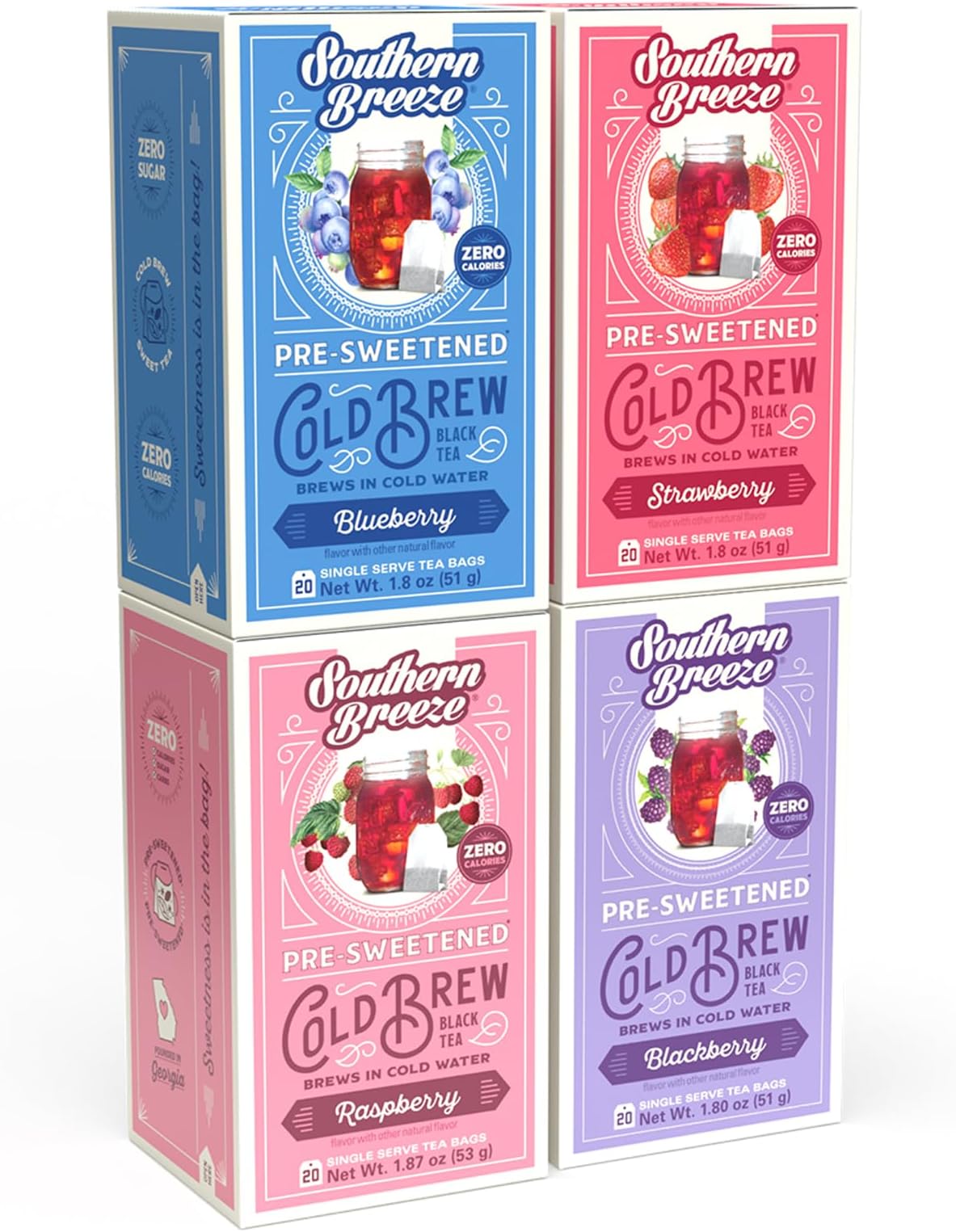 Southern Breeze Berry Bundle Cold Brew Sweet Iced Tea with Black Tea and Zero Carbs Zero Sugar, 20 Individually Wrapped Tea Bags Pack of 4 (Raspberry, Strawberry, Blueberry and Blackberry)