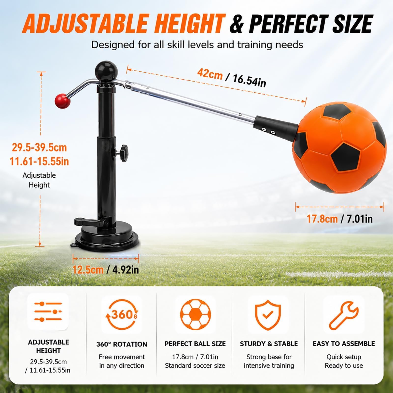 Allenatore per calci di calcio con rotazione a 360°, ausilio regolabile | Attrezzatura da calcio in PU di ferro durevole per allenamento di agilità per bambini e adulti