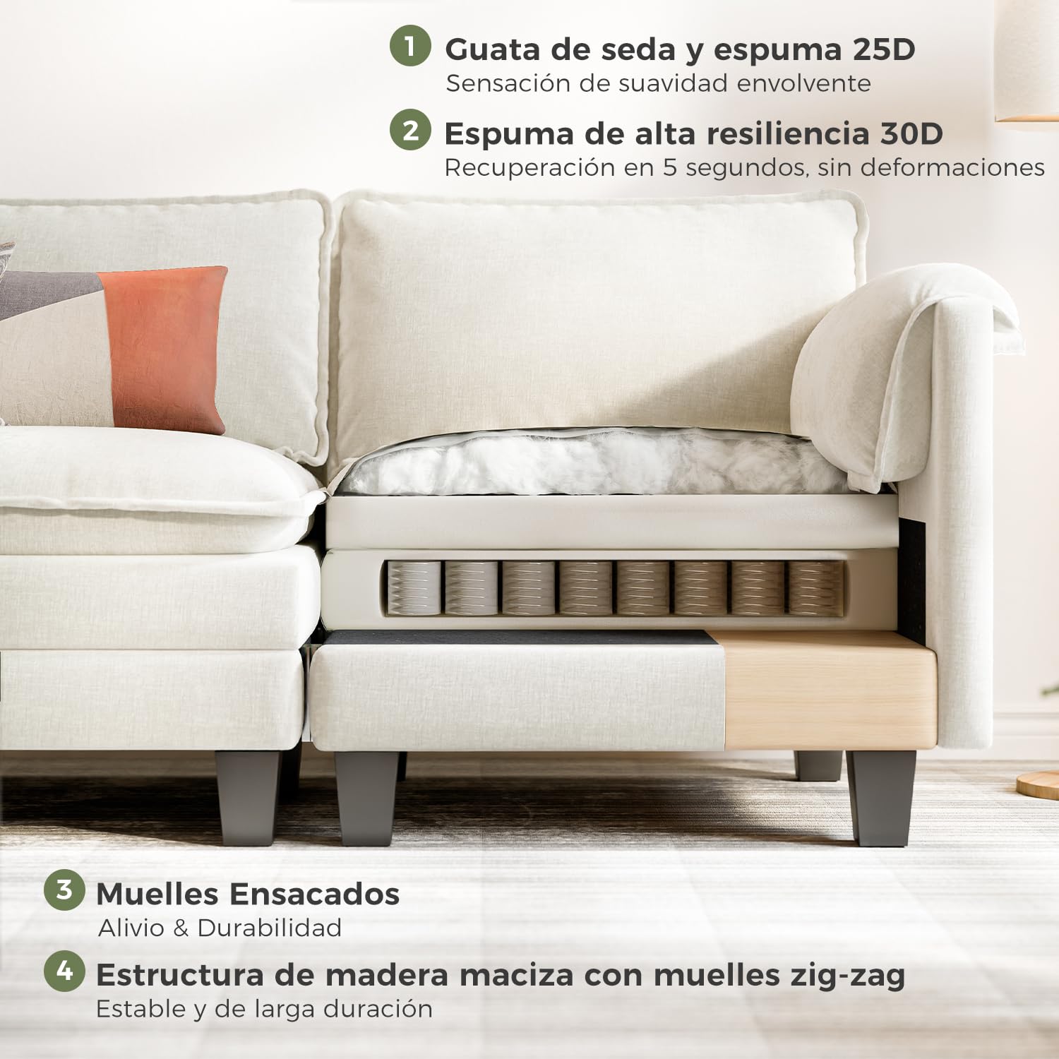 ELUCHANG Sofá Nube Modular 256cm con 2 Pufs, Sofá en Forma de U de 3 Plazas, Asiento Profundo 62cm, Montaje sin Herramientas, Sofá de Chenilla para Salón, Beige
