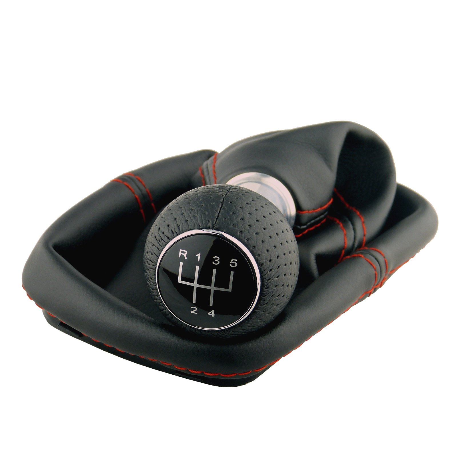 Schaltsack & Schaltknauf für VW Golf 4 IV & für Bora - 23mm - Bj. 1997 - 2006 - 5 Gang Knauf mit Rahmen - Schwarz Rot Chrom - Schaltmanschette Schalthebel Manschette Schaltgetriebe Schaltung A252-8