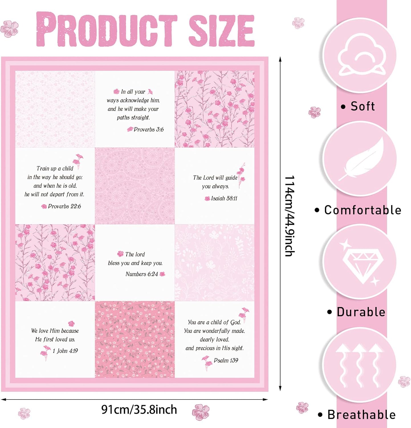 Oudain Christian Baby Blankets with Bible Verses Scripture Flowers Paisley Baby Receiving Baptism Blanket Christian Christening Gifts for Newborn Kids, 30 x 40 Inch(Pink) - Image 2