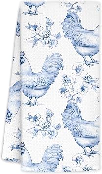 Blue Chinoiserie Chicken Kitchen Decor Hand Towels, Chicken Lovers Gifts for Women Men,Grand Millenial Blue and White Chickens Dish Tea Hand Towels Decor for Bathroom Kitchen, 16x24 Inch