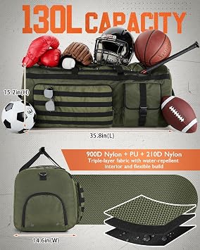 Gonex 130L Extra Large Duffel Bag, Convertible Travel Duffle | 3-Way Carry Design, Shoe Compartment, 5-Zip Organization, Sports & Family Travel, Army Green