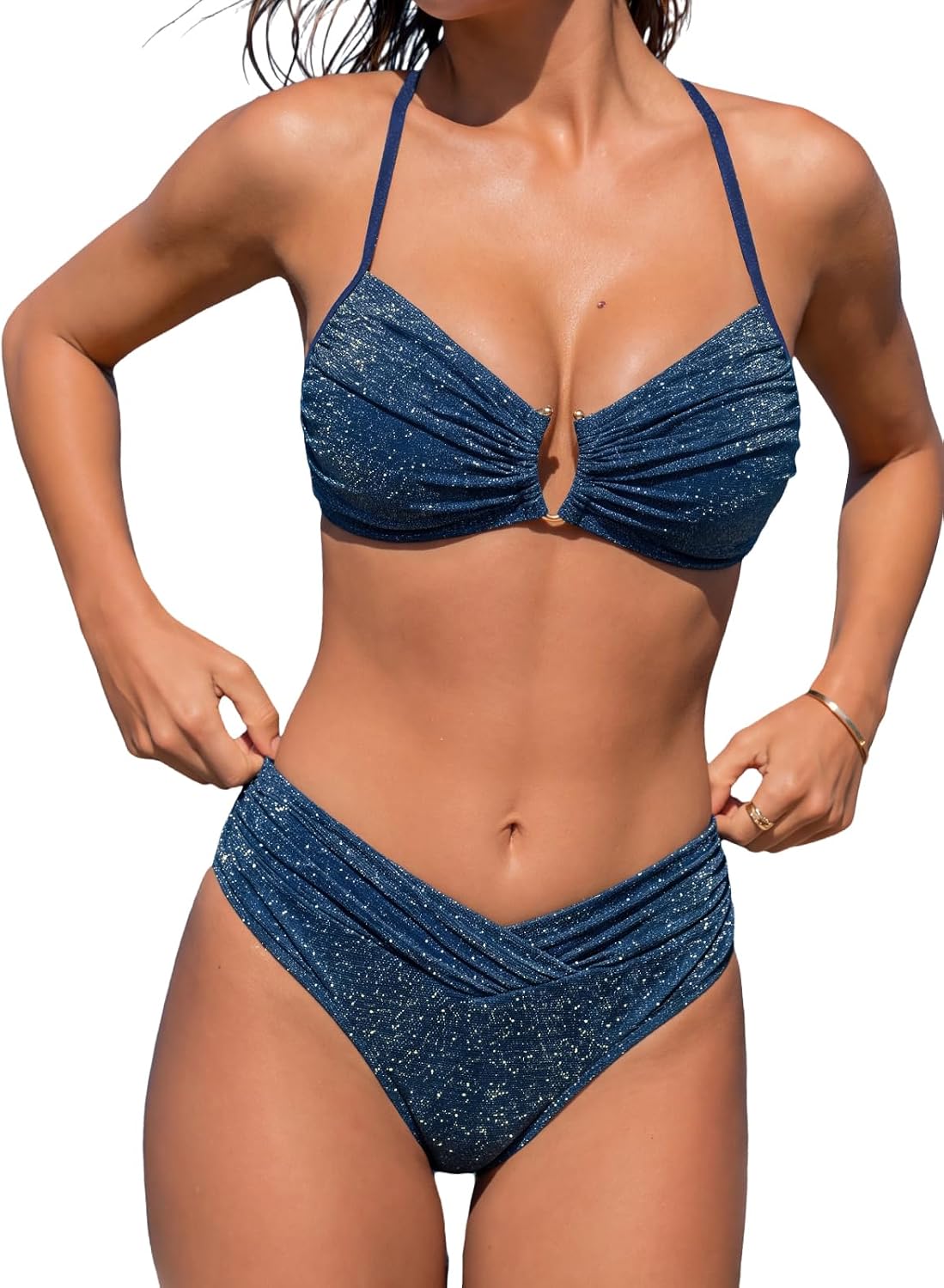 CUPSHE Women's High Waisted Bikini Set U Wire Ruching Two Piece Swimsuit | Bathing Suit, Sparkle Fabric, Removable Soft Cups, Adjustable Straps, Back Hook, Moderate Coverage, Beach Vacation