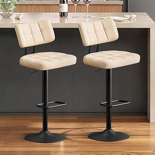 Furniliving Modern Bar Stools Set of 2 Faux Leather, Upholstered Swivel Barstools with Back, Adjustable Bar Chairs Counter Height for Kitchen Island, Dining Space, Beige