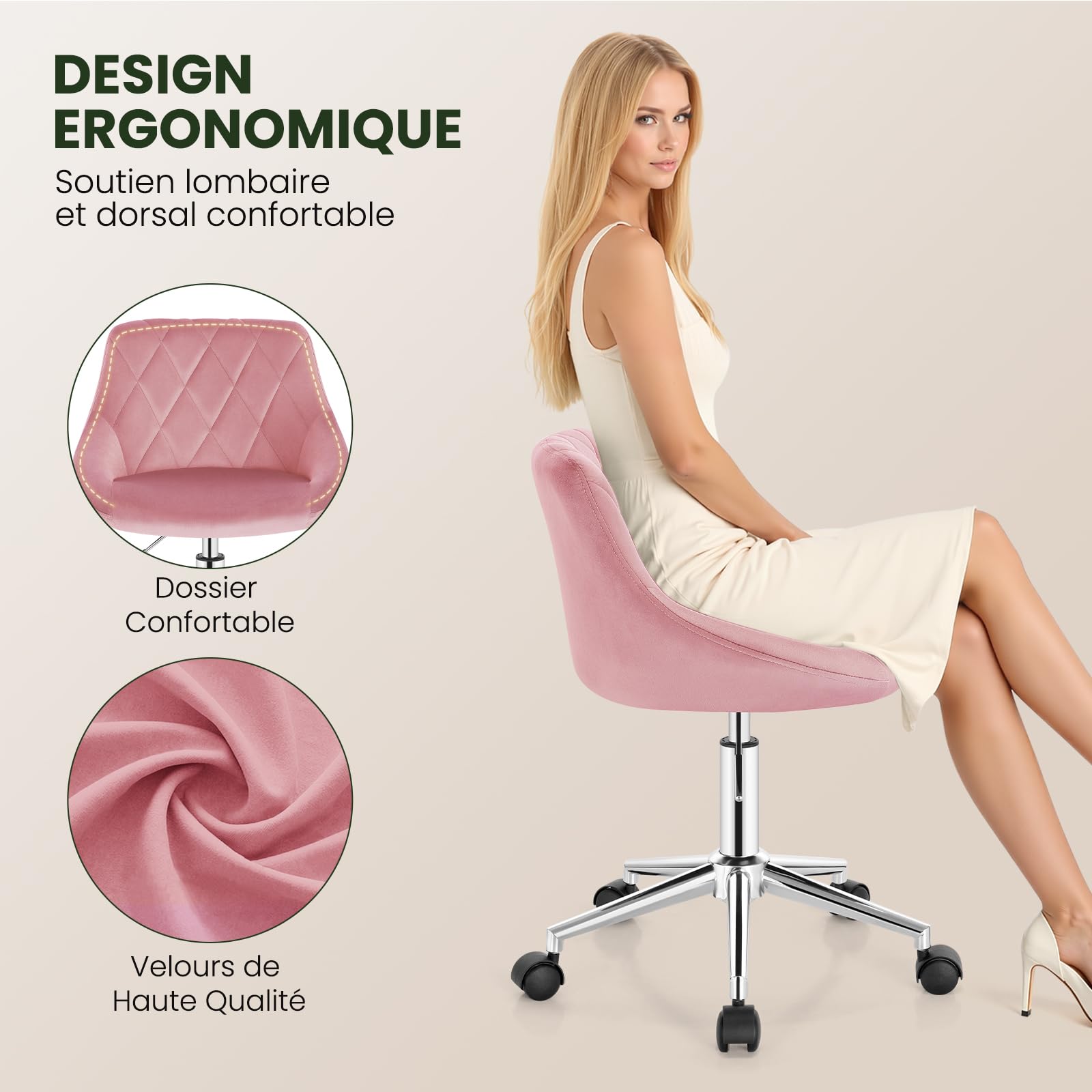 Chaise Coiffeuse à Roulettes avec Dossier Réglable en Hauteur, Tabouret Pivotant en Velours Rose pour Bureau