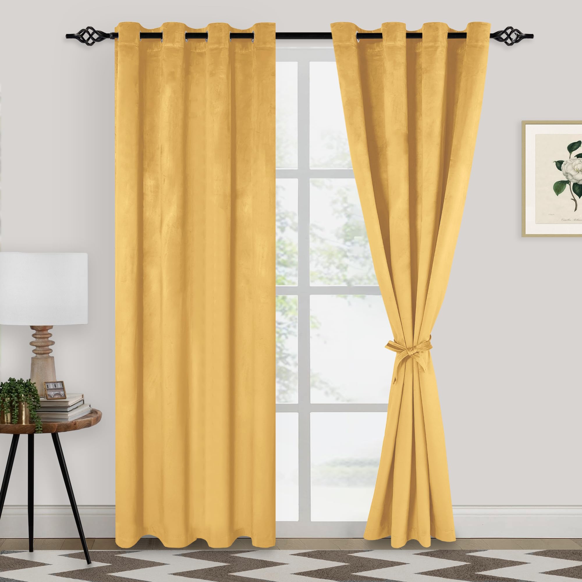 XWZO Yellow Velvet Curtains 84 Inches Long, Elegent Soft Luxury Curtains for Living Room, Thermal Insulated Room Darkening Yellow Curtain for Bedroom