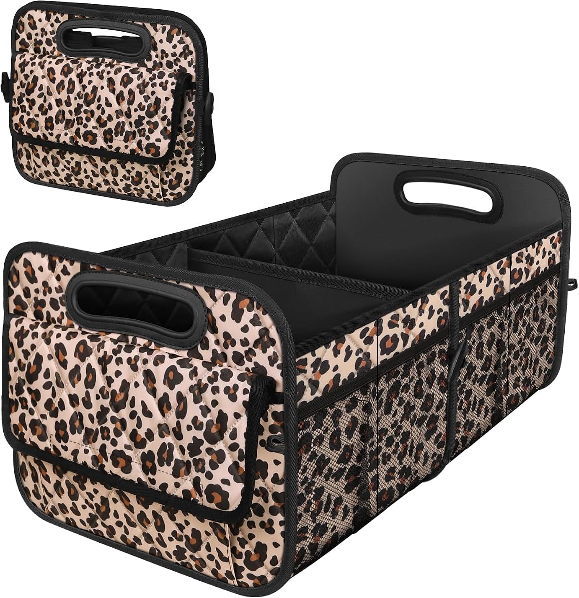 Deosk Organizador y Almacenamiento de Maletero con Asas Reforzadas, Accesorios de Auto para Mujeres/Hombres Organizador de Maletero de Poliéster Impermeable de 50 L para Auto/SUV/Minivan/Camión(Medio,Estampado de Leopardo)