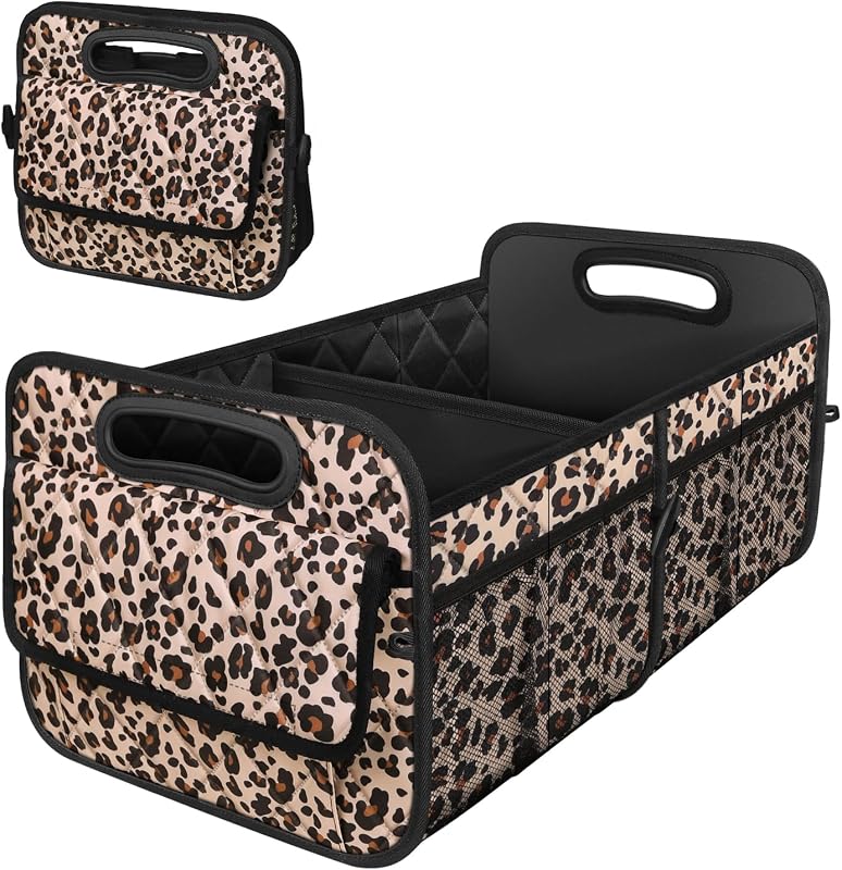Deosk Organizador y Almacenamiento de Maletero con Asas Reforzadas, Accesorios de Auto para Mujeres/Hombres Organizador de Maletero de Poliéster Impermeable de 50 L para Auto/SUV/Minivan/Camión(Medio,Estampado de Leopardo)