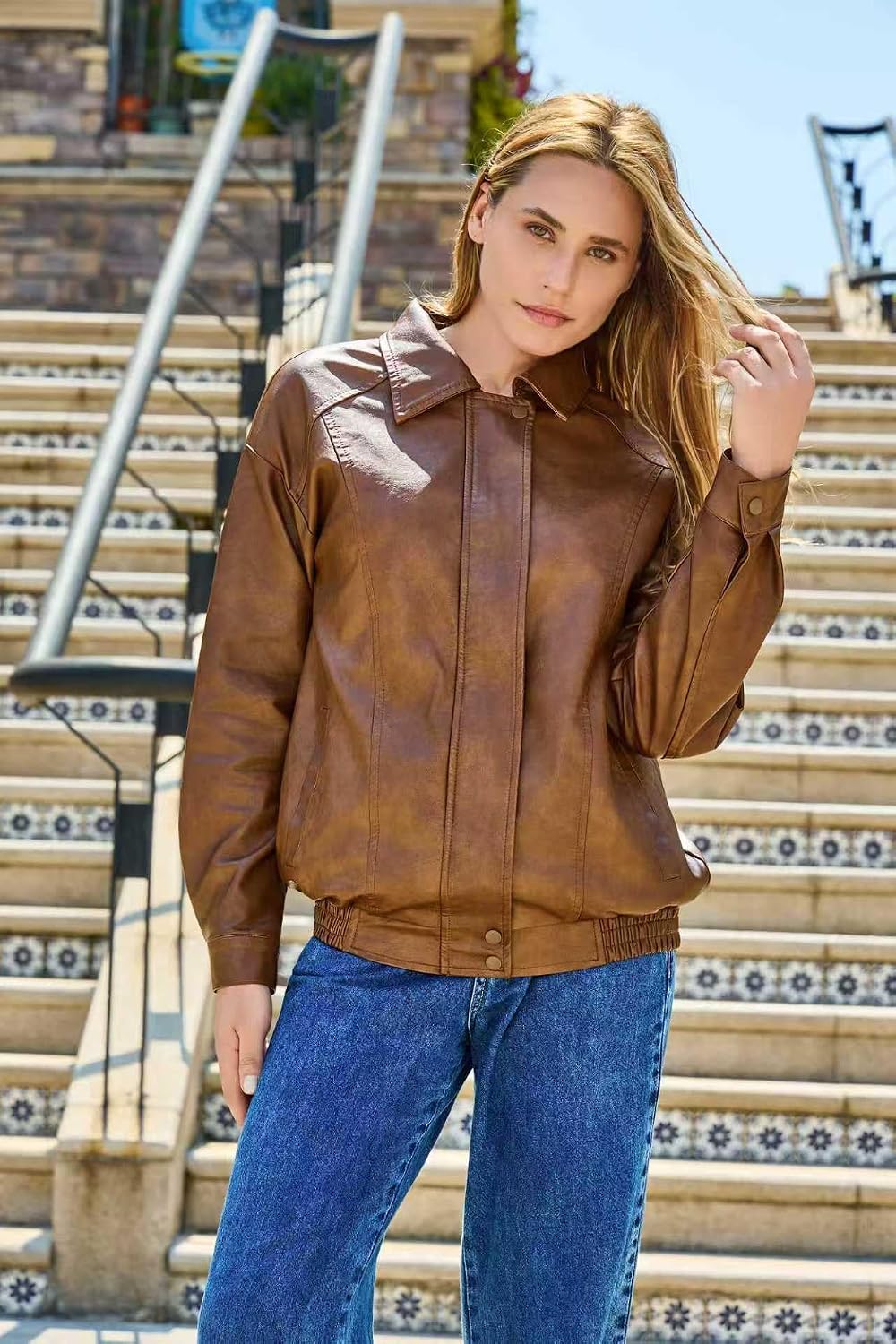 Women's Oversized Faux Leather Bomber Jacket, Zip Up Motorcycle Street Coat