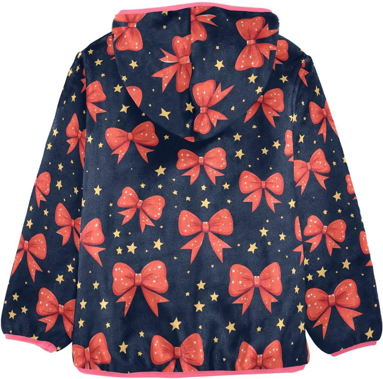 Girls Hoodie Outfit Red Bow Stars Navy Pattern Zipper Sweatshirt Coat Fleece Jacket for Kids 3-10T