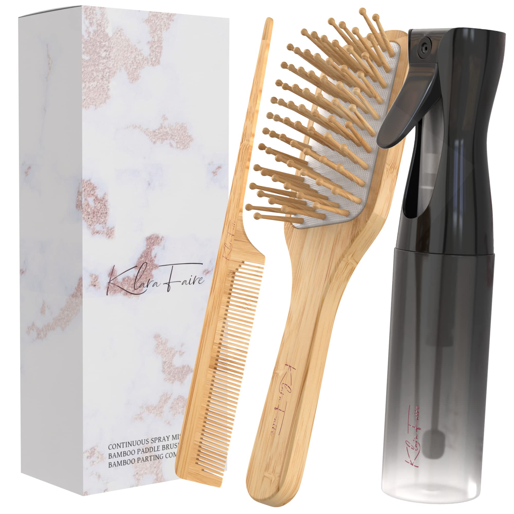 klara faire heatless curler companion set - 3pc set w/bamboo brush, rat tail combs & hair mister spray bottle | Natural Bamboo hair brush & Wooden
