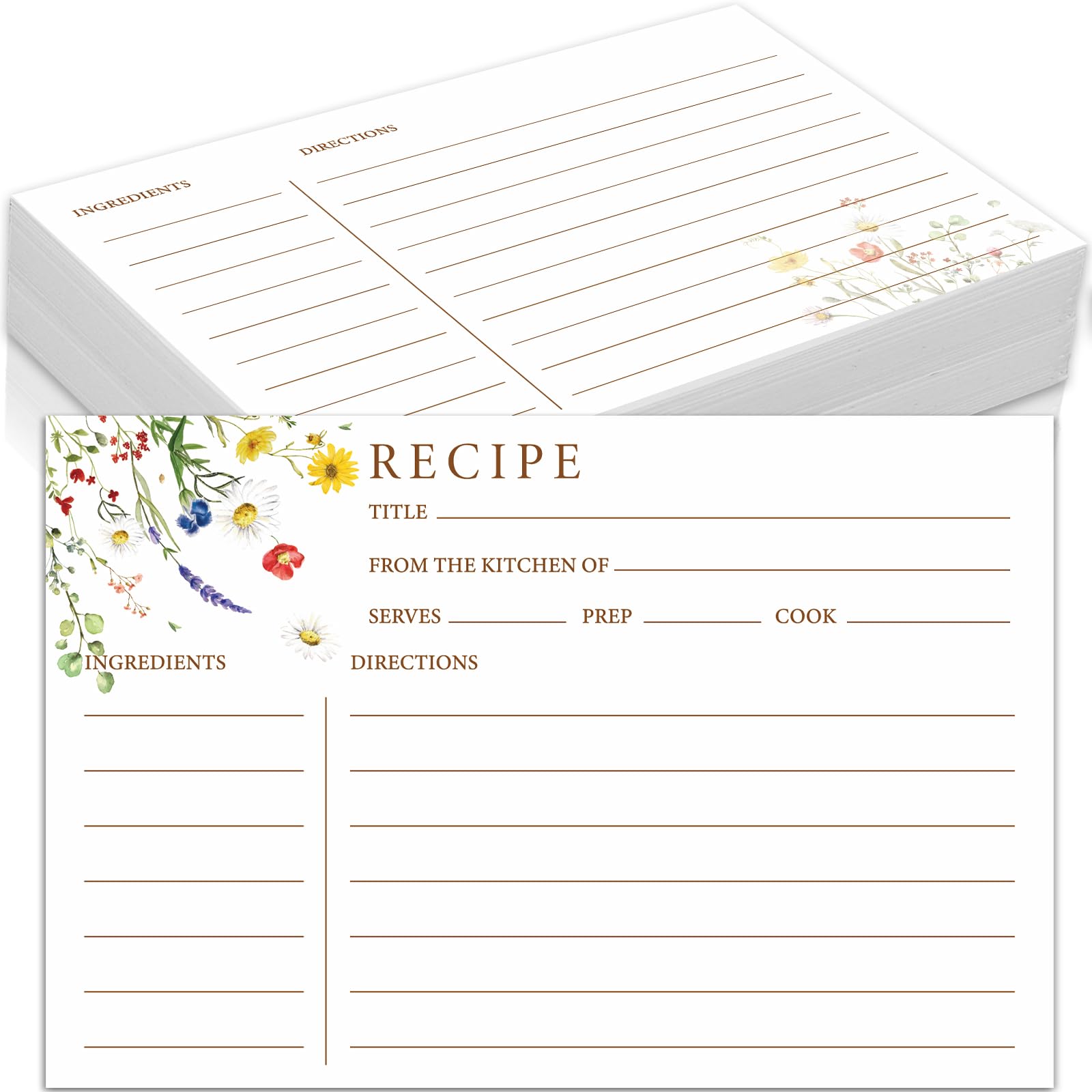 FYSUIMU Set of 50 Wildflower Recipe Cards Bright Floral Blank Recipe Cards Double-Sided Recipe Page for Bridal Shower Wedding Housewarming, 4 x 6 Inch