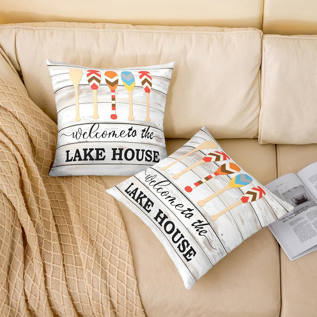 Lodge Cabin Wood Barn Rustic Style Pillow Cover 22"x 22",White Wood Panels Boating Lover Double Sides Print Pillowcase Soft Square Cushion Case,Lake House Throw Pillow Covers Pack of 2