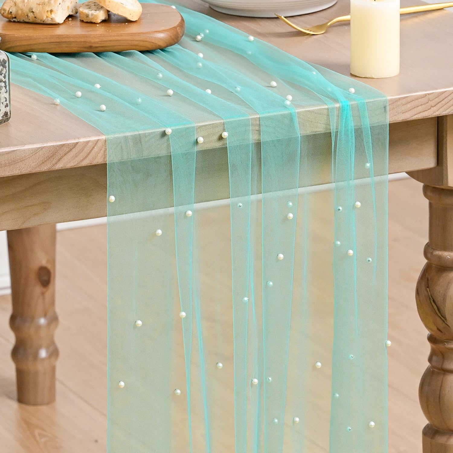 Photo 1 of Artoid Mode Pearl Turquoise Gauze Table Runner 120 Inch 10FT, Seasonal Sheer Dining Holiday Wedding Birthday Baby Shower Table Decor for Home Party