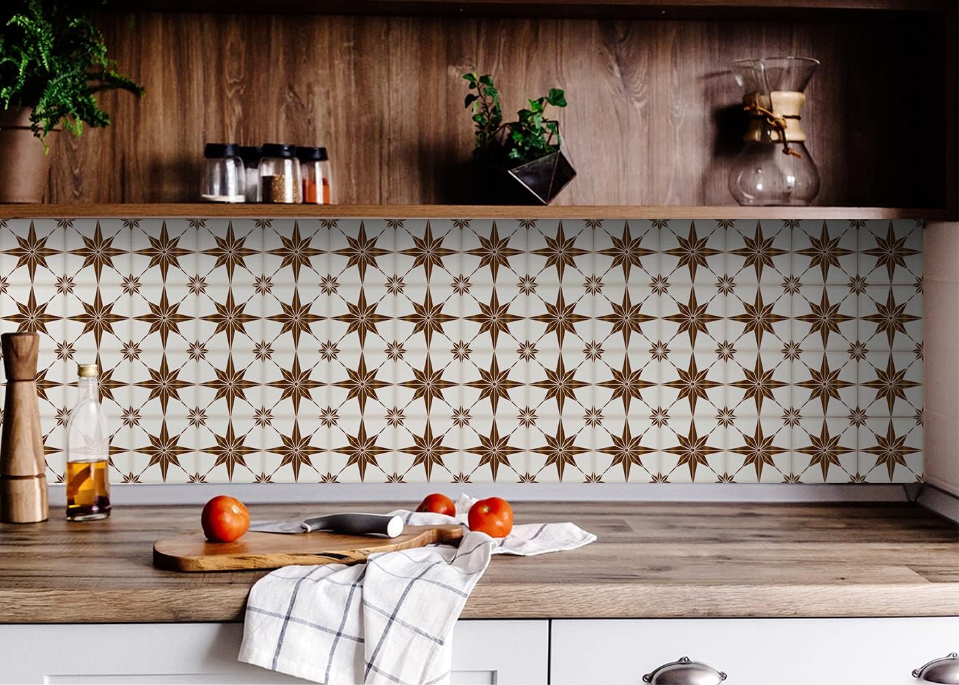 Tile Stickers by Mi Alma 24 pcs Talavera Wall Stencils Wall Stickers Peel and Stick Easy Application – Ideal for Bathroom, Kitchen Wall Tile Decals (Brown Star, 4X4 inch)