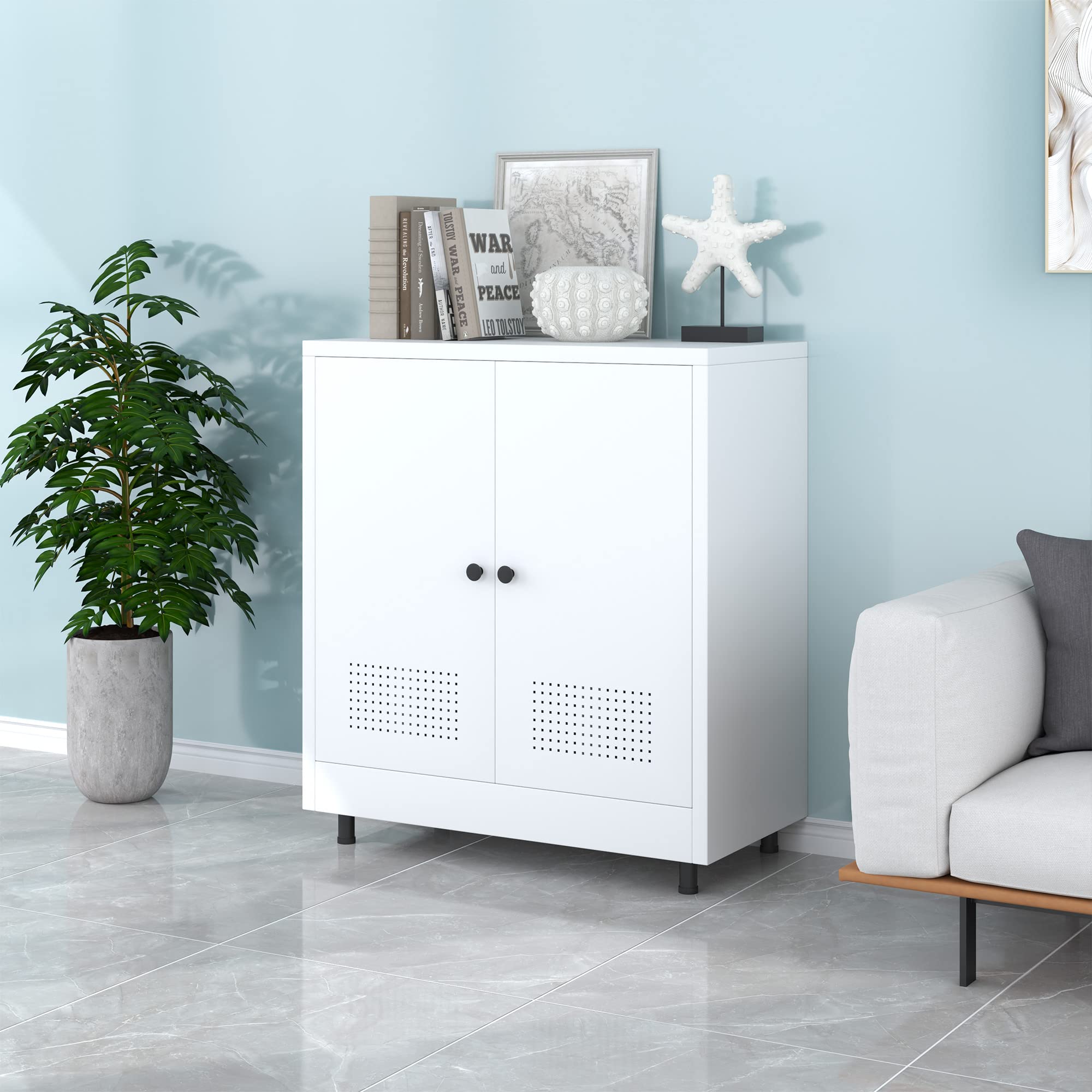 Armadietto in metallo con 2 ante e ripiano regolabile, credenza in acciaio per casa, ufficio, ingresso, soggiorno, dispensa e sala da pranzo (bianco)
