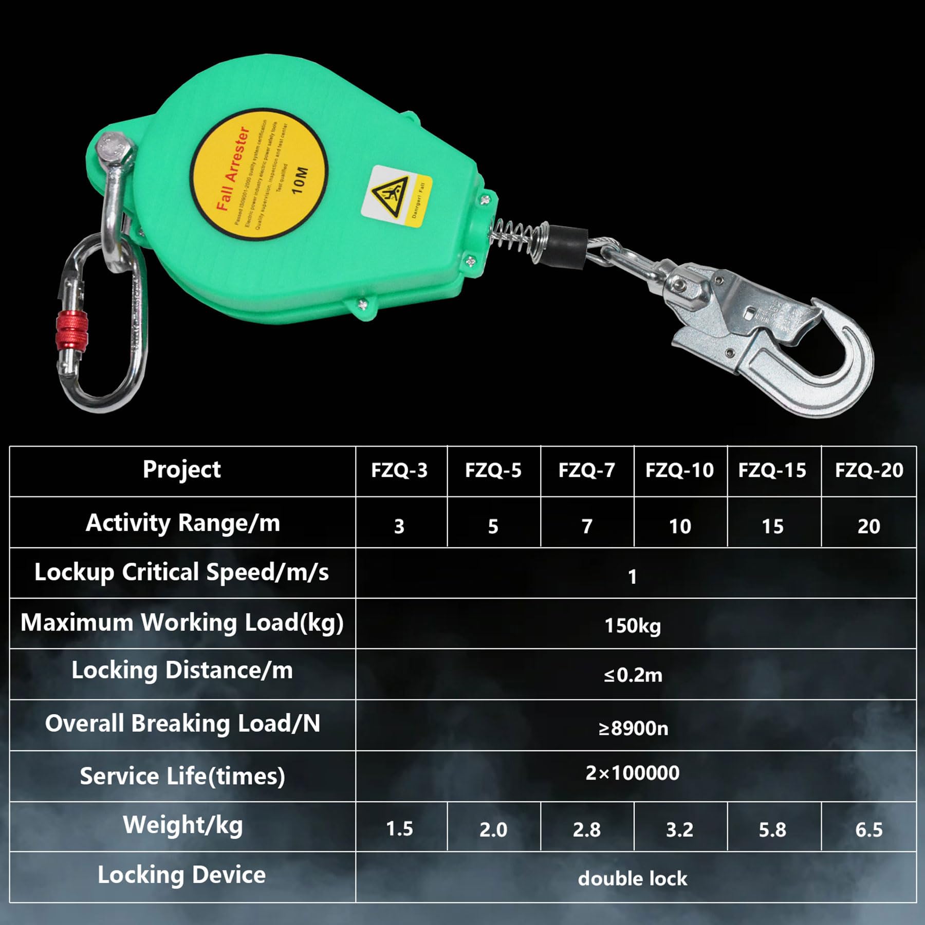 Dispositivo Anticaduta Retrattile Certificato 10m/15m/20m, Imbracatura di Sicurezza Anticaduta Tetto con Gancio Autobloccante, 150kg Dispositivo Sicurezza Anticaduta Tetto/ Lavoro Aereo (Verde, 10m)