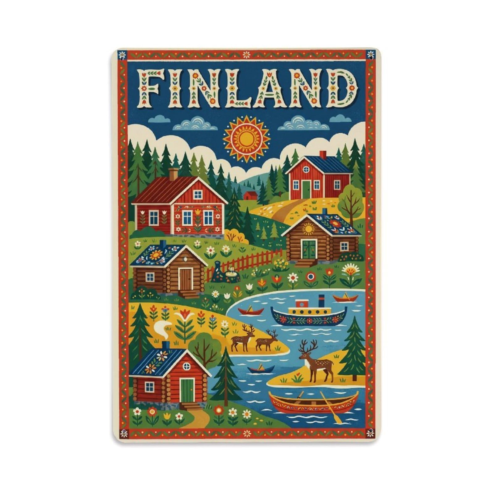 Olhnbad Style Finland Folk Village Lake Travel Colors Nordic Metal Tin Sign