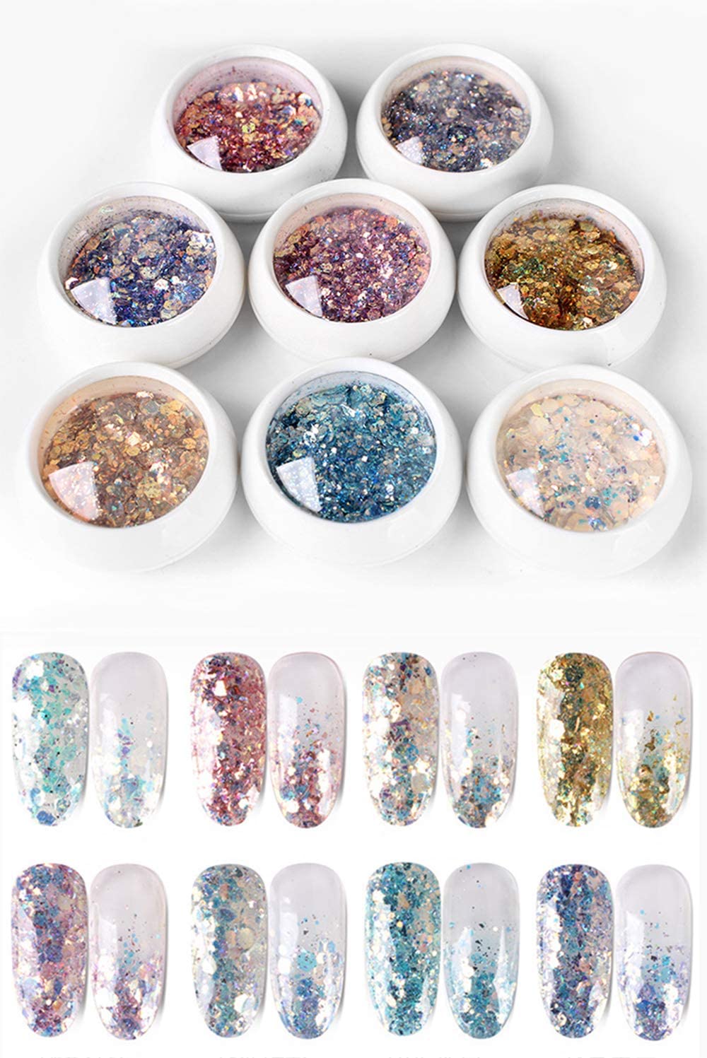 INOG Nail Art Gradient Glitter Magic Color Changing Laser Thin Sequins Mixed Mirror Hexagon Shape Mermaid Flakes Spangles Palette Craft Glitters Holographic Manicure D.I.Y (8 PCS) 1