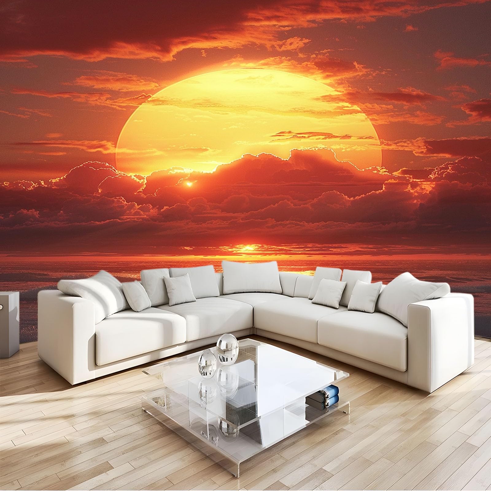 Papier Peint Intissé Paysage de Mer au Coucher du Soleil 200 x 140 CM (L x H), Papier Peint Panoramique Tableaux Muraux Tapisserie Photo Fond TV Décoration Murale Salon Chambre - Brun