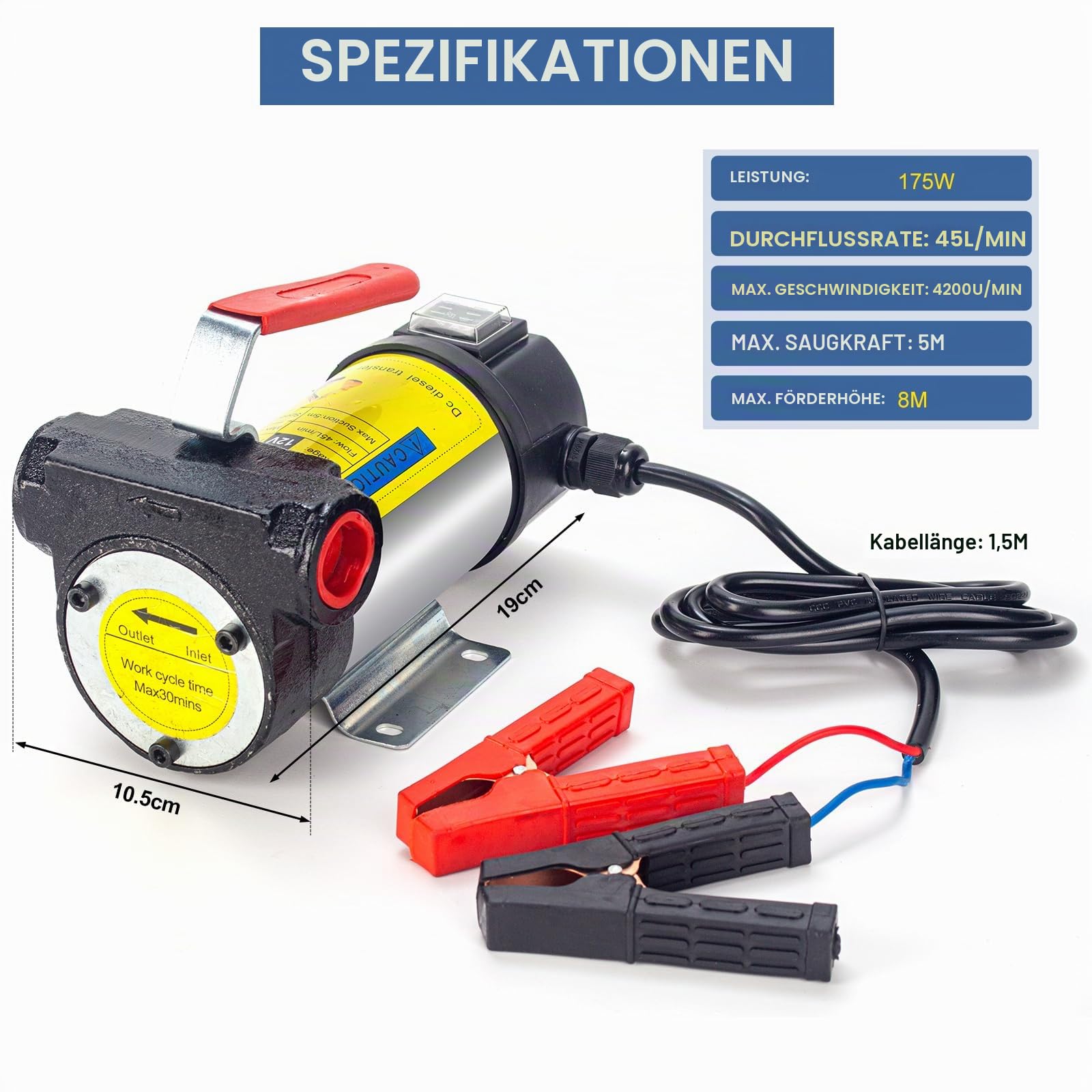 12V 175W Diesel Umfüllpumpe 45L/Min Elektrische Kraftstoff Umfüllpumpe mit Düse & Schlauch für Diesel, Kerosi