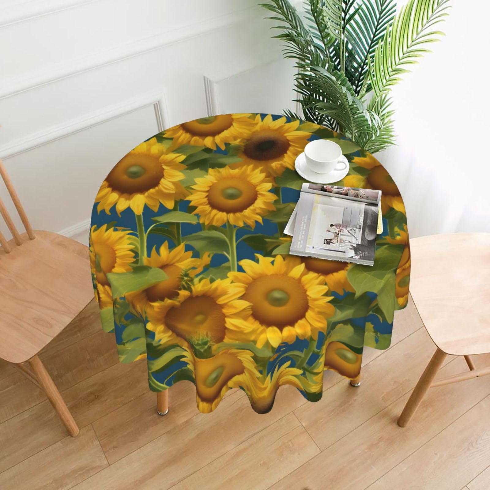 Nbtghga Summer Sunflower Print Tablecloth Round Border Table Cloth Cover Decorative For Party Holiday Dinning Tabletop Home