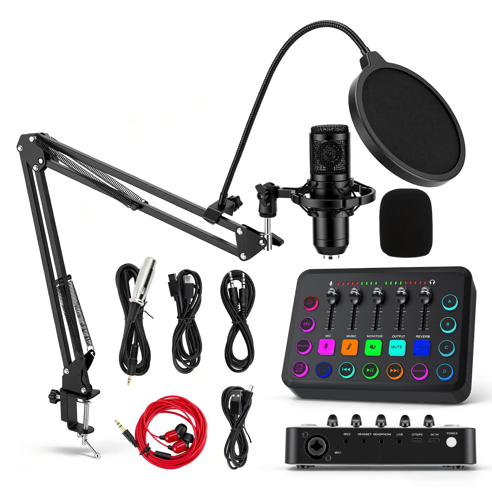 Kit de micrófono Podcast con interfaz de audio y tarjeta de sonido, micrófono condensador BM-800 para transmisión en vivo, canto, juegos y grabación, compatible con PC/portátil, YouTube/TikTok