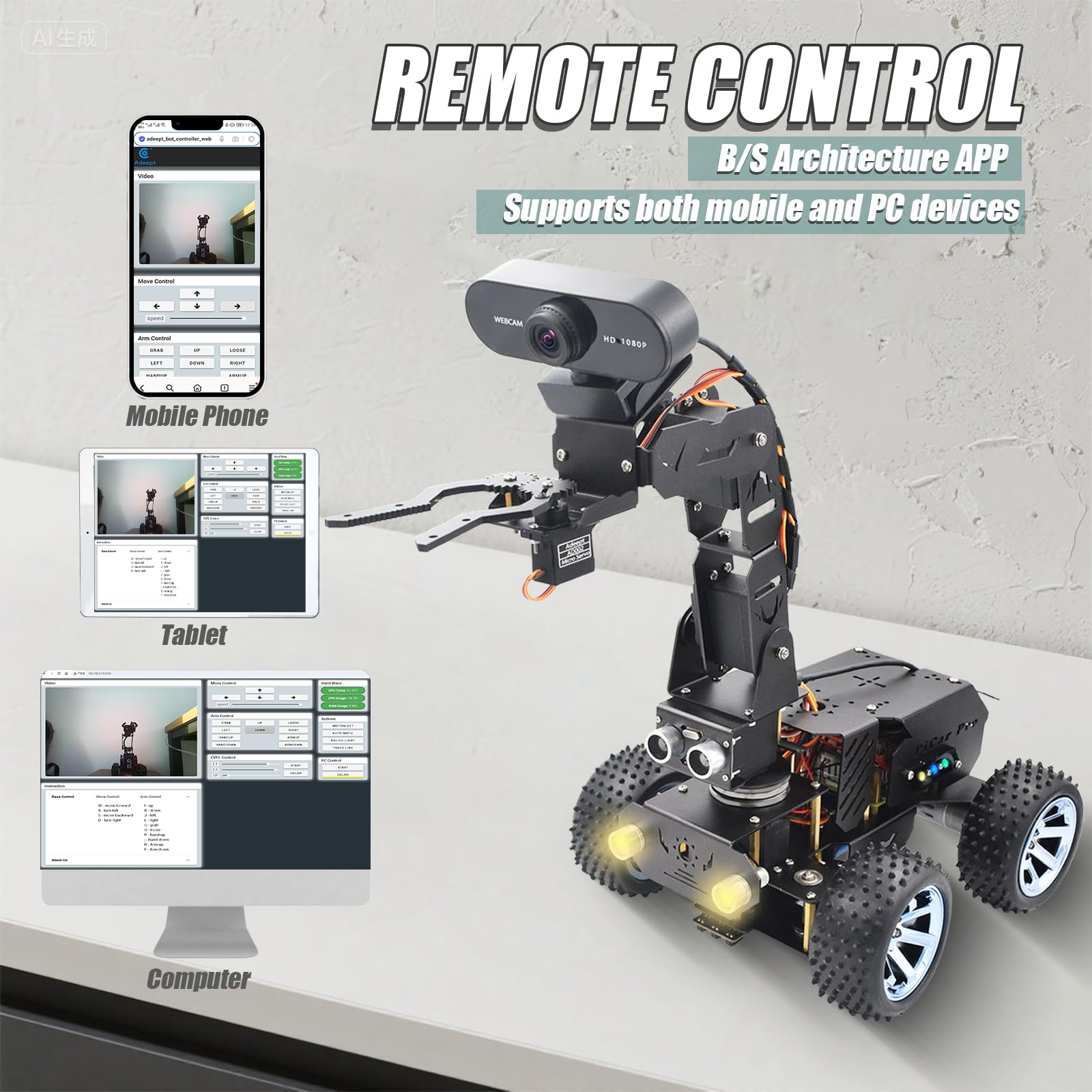 Adeept Zestaw robotyki PiCar Pro V2 (Raspberry Pi nie jest wliczony w cenę), 4 DOF ramię robota inteligentny samochód dla Pi 5/4/3, kamera HD 1080P, OpenCV, zapobieganie przeszkodom, śledzenie linii