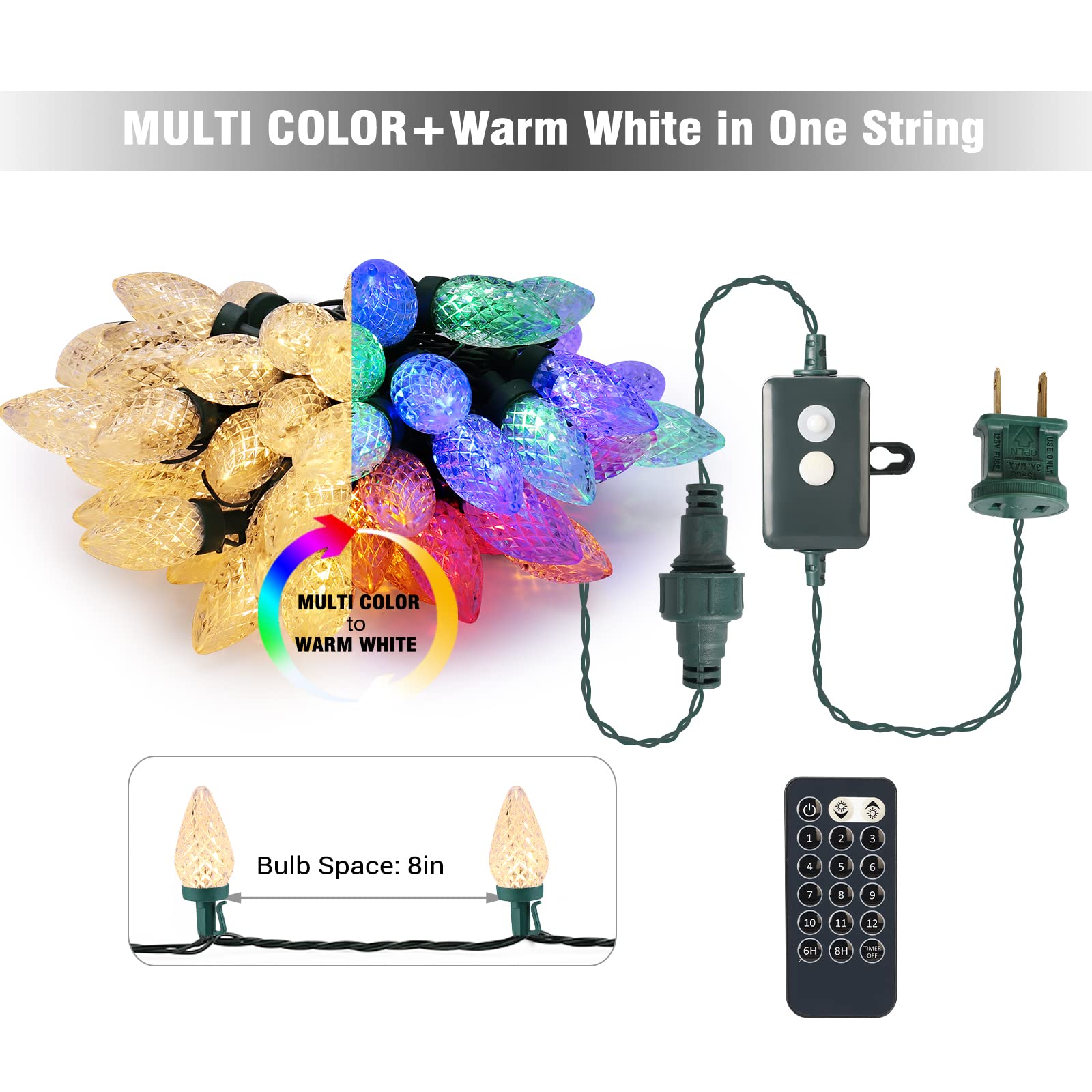 ODEETRONIC C9 Color Changing Christmas Lights, 33ft 50 LED Warm White