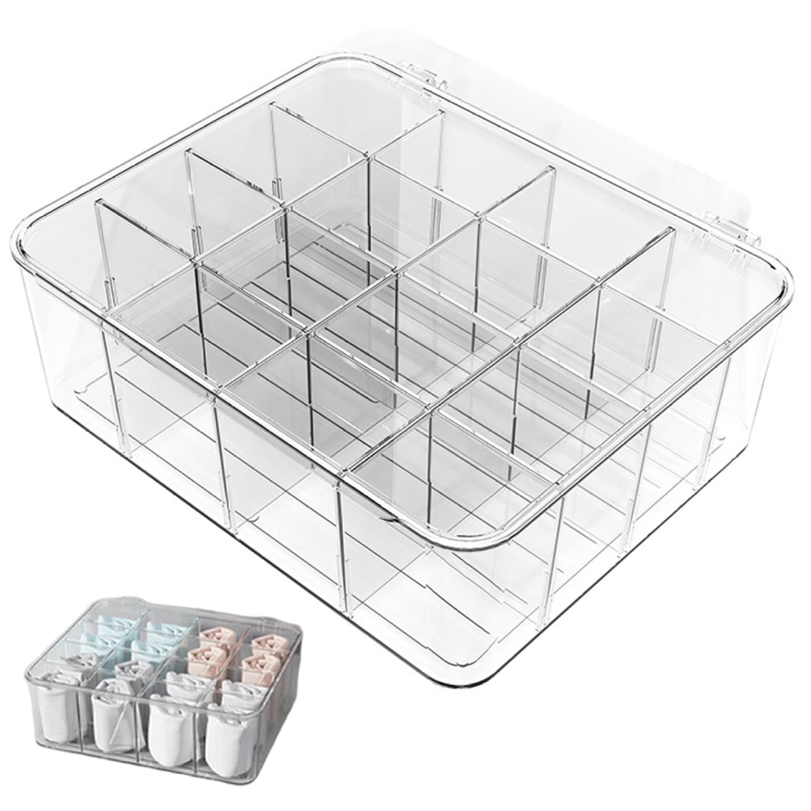 Organizador de ropa interior para cajón, organizador de ropa interior, 16 compartimentos, plástico transparente, 12 x 10 x 4 pulgadas, apilables, para sujetadores, calcetines, bufandas