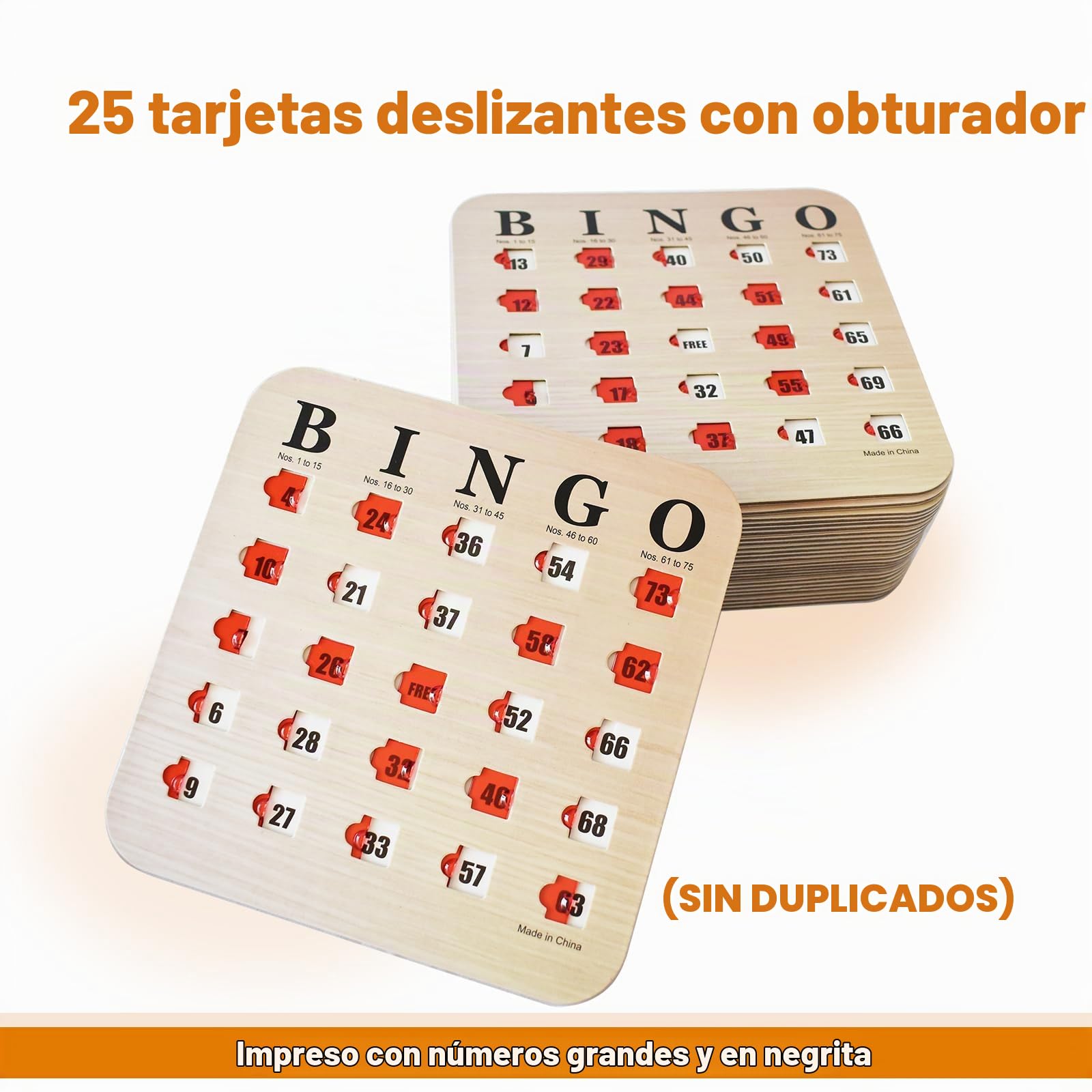 Yuanhe Tarjetas de Bingo con Ventanas deslizantes, Reutilizables, para Viajes, Paquete de 25, Color Madera