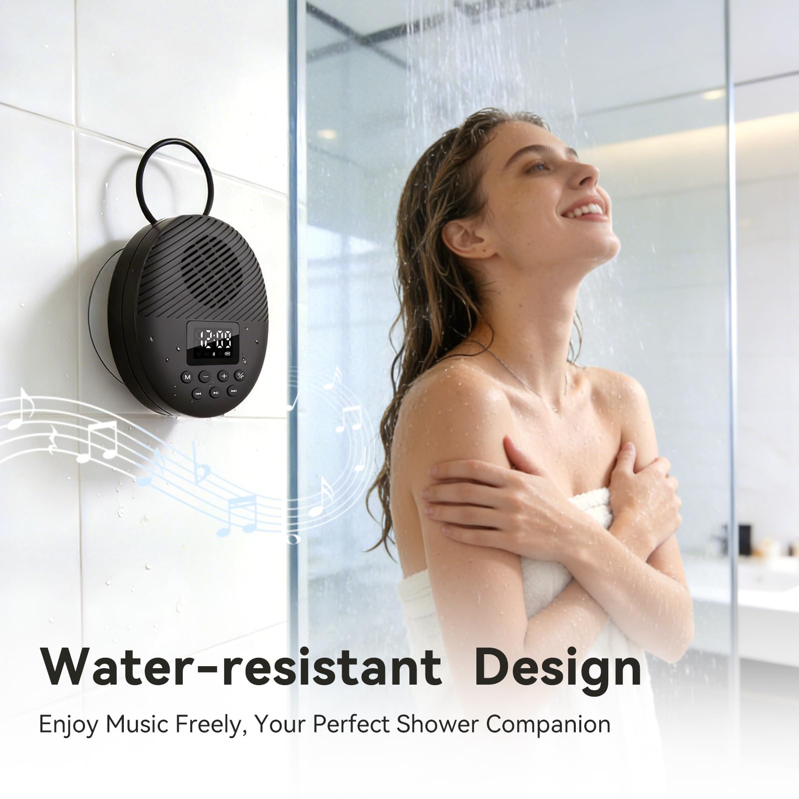 AGPTEK Duschradio Bluetooth 5.4 Badradio | mit Uhr, Lautsprecher, LED-Display & Wecker, IPX5 Wasserdicht Mini Radio for the Bathroom Radio mit Saugnapf & Aufhängeseil