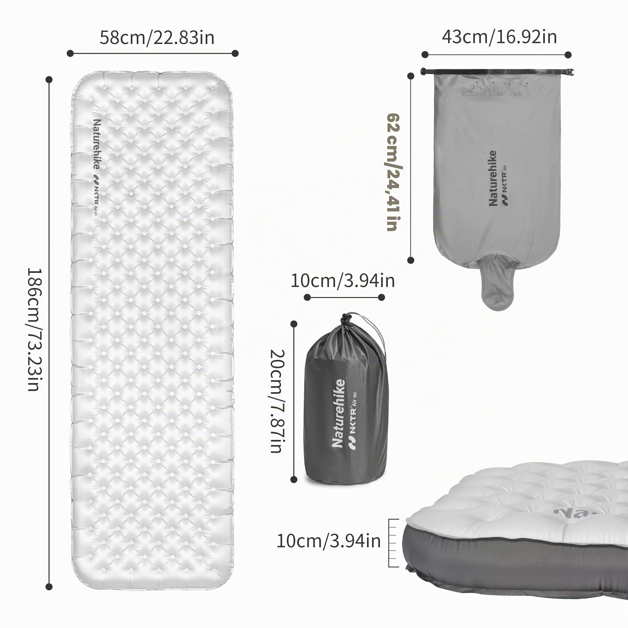 Naturehike Thermal 6,5 R Matelas de Camping résistant au Froid avec parois latérales, 4 Saisons, 10 cm d'épaisseur, Ultra léger, Auto-gonflant, Durable, avec Sac Gonflable